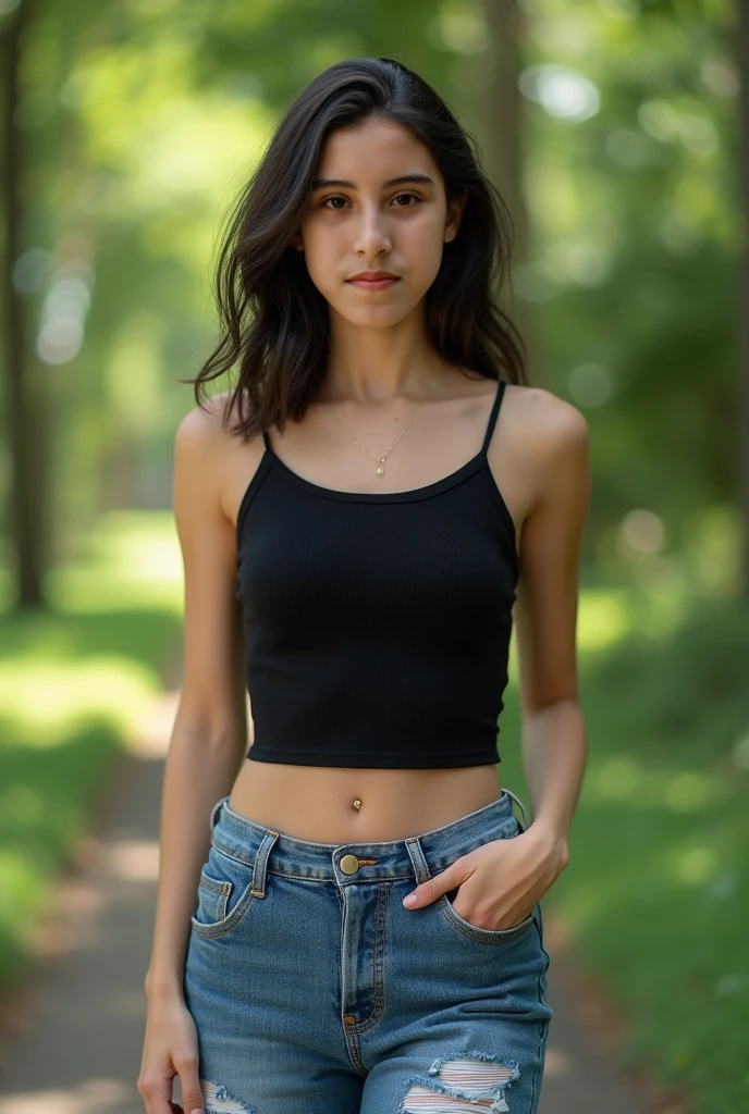 <lora:denim_shorts_v0.2:1>, realistic photo of beautiful 21 year old woman, (black straight hair:1.1), pale brown eyes, highly detailed very pale skin, high-waist shorts, pentax film camera, depth of field, full body shot, allotment, natural light,
