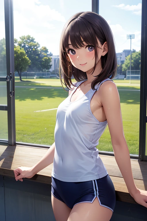 ((masterpiece,Highest Quality:1.3,Highest Qualityのイラスト)),((realistic:1.2)),shot by cowboy,solo,1 woman,1. Beauty,(gorgeous big eyes),((very small head:1.4)),smile,(sunburn:1.4),(white tank top、Red Bulma in the School Gymnasium),growing skin,oily skin,slender body,sweat,standing,Athletic Field、 Tokyo 、
、
,((( masterpiece, Highest Quality, high resolution, 超 high resolution, Pixel Perfect , description boundary, 4K, RTTX10.0))),
、Anegasaki Nene, shiny brown hair, beautiful brown eyes, smiling face, sparkling pupils, (fine grain), , highly detailed face,, (masterpiece:1.2, best quality), ((only1 girl)), ((cowboyshot:1.5))