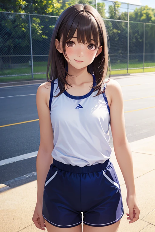 ((masterpiece,Highest Quality:1.3,Highest Qualityのイラスト)),((realistic:1.2)),shot by cowboy,solo,1 woman,1. Beauty,(gorgeous big eyes),((very small head:1.4)),smile,(sunburn:1.4),(white tank top、Red buruma in the school gym),growing skin,oily skin,slender body,sweat,standing,Athletic Field、 Tokyo 、
、
,((( masterpiece, Highest Quality, high resolution, 超 high resolution, Pixel Perfect , description boundary, 4K, RTTX10.0))),
、Anegasaki Nene, shiny brown hair, beautiful brown eyes, smiling face, sparkling pupils, (fine grain), , highly detailed face,, (masterpiece:1.2, best quality), ((only1 girl)), ((cowboyshot:1.5))