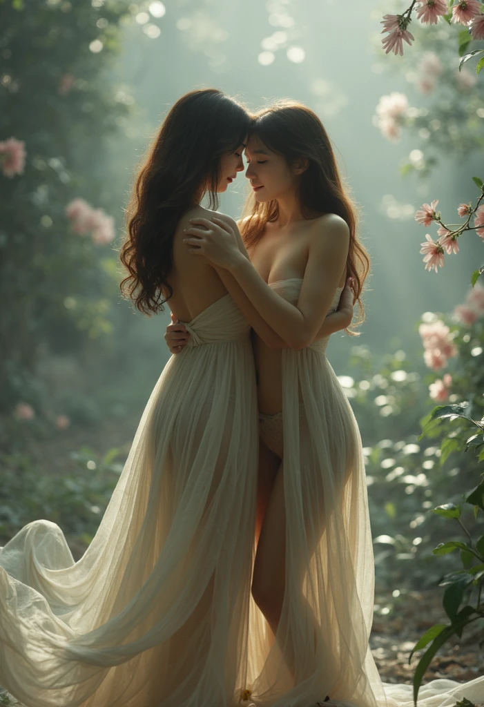 ((NSFW_STILL_SHOW、David Hamilton))、Oppai-Loli Twins、{(Strong wind|Floating Blonde hair)}、{(From Below:1.2|FullBody:1.2)}、Wide Shot、((Masterpiece:1.2, Photorealsitic:1.37))、8K Bestquality、((Detailed KAWAII Face))、Bright Shining Perfect eyes、zydG、{(Childish|Gigantic Cleavage:1.37)}、(Detailed open crotch、Detailed Oily Porcelain skin textures)、No Underwear:2、extremely detailed、Flowers、Transparent celestial robe、{Dark Red Leather High Collar|Red lip}、Smooth shading、Soft Lighting with many Follow lights、clear focused、bokeH、{ssmile|perplexed|seductiv|Flower wreath|Princess Tiara}、forest lakeside、(Light Particles:1.2, Lens Flare, Luminescent Particles:0.6、Fantastic atmosphere:1.2)、{Dynamic Pose|Kissing}、