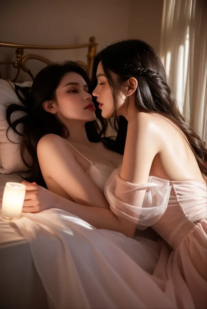 two girl kissing,,(bright lighting,romantic setting),dreamy background,,dark hair, mesmerizing gaze, , soft skin, alluring beauty, artistic portrait, high-quality image, vibrant colors,translucent long silk gown, mosquito net, lying down, romantic bedroom,bondage