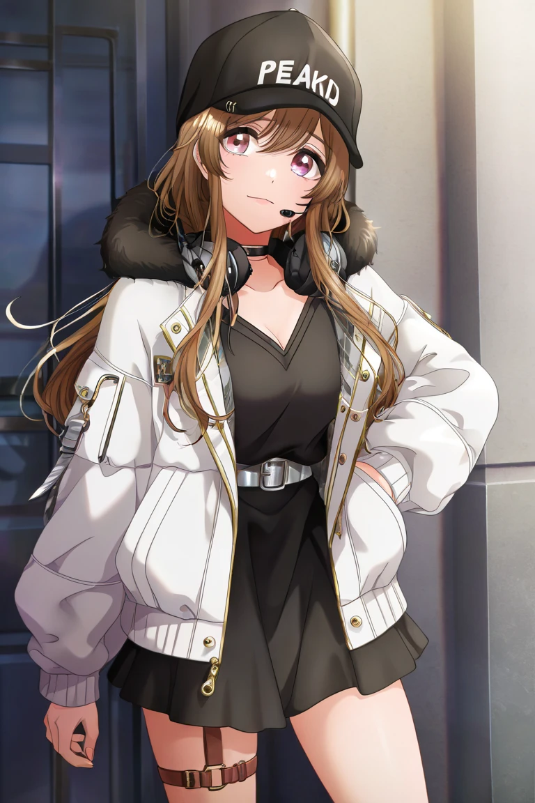 ((masterpiece, best quality)),very detailed, simple eyes,1girl,standing,from below,concert,on stage,yamate kyoko , <lora:kyoko:1> ,peaky p-key,bangs, black clothes,baseball_cap, black_choker, black_skirt, breasts, brown_eyes, choker, cleavage, collarbone, fur-trimmed_coat, fur-trimmed_jacket, fur_trim, light brown hair, hand_in_pocket, hand_on_hip, hat, white jacket, long_hair, long_sleeves, looking_at_viewer,large_breasts, open_clothes, pleated_skirt, skirt, smile, solo, standing, thigh_strap,