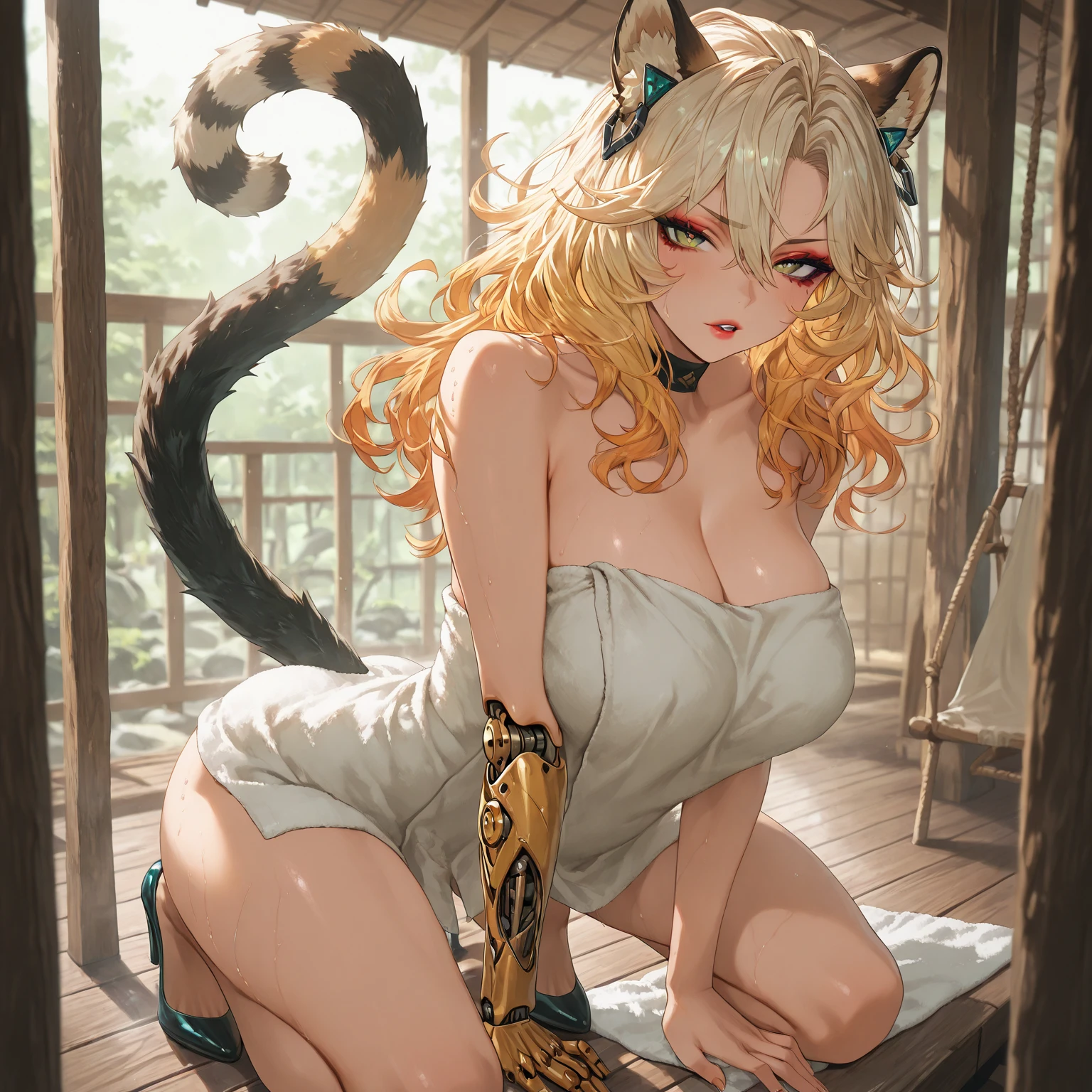 1 solo female blindfolded, animal tiger ears, animal tiger hands, animal tiger print, bell, bikini, breasts, choker, claws, cleavage, collar, full body, gloves, large breasts, lips, long hair, looking at viewer, navel, neck bell, on bed, tiger paw gloves, tail, thigh highs, tiger ears, tiger print, tiger tail, white hair, sitting on bed bed, bedroom background