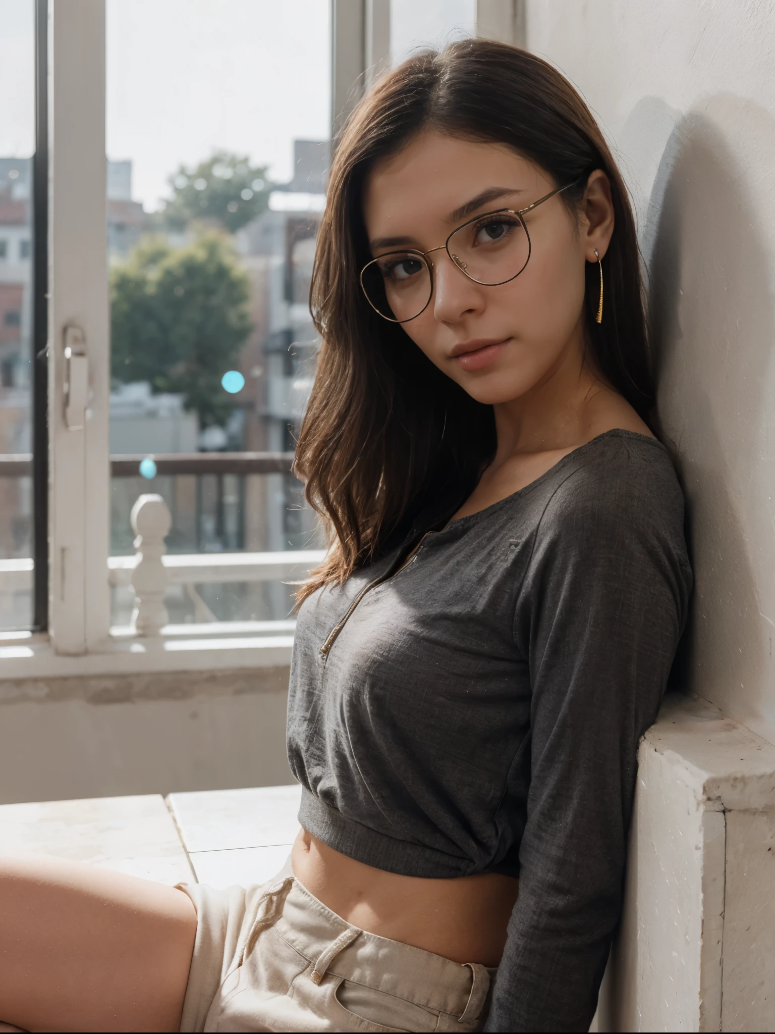 Cinematographer of a skinny nerdy lesbian caucasianlittle_caprice with glasses, cabello negro, shorter straight hair, gafas redondas, Apoyado en la pared, en la ciudad, top verde y minifalda a cuadros, En verano, piel sudorosa, damp skin, Disfrutando, girlish, hot girlish, (((senos medianos))), gaze at the camera, face symmetrical, fotorrealista, Cinematographer, Spectacular lighting, splendid, escote, occidental, (Masterpice), La mejor calidad, High resolution, Piel extremadamente detallada, fondo borroso, Profundidad de campo, cinematic lighting, Recorded with professional DSLR camera