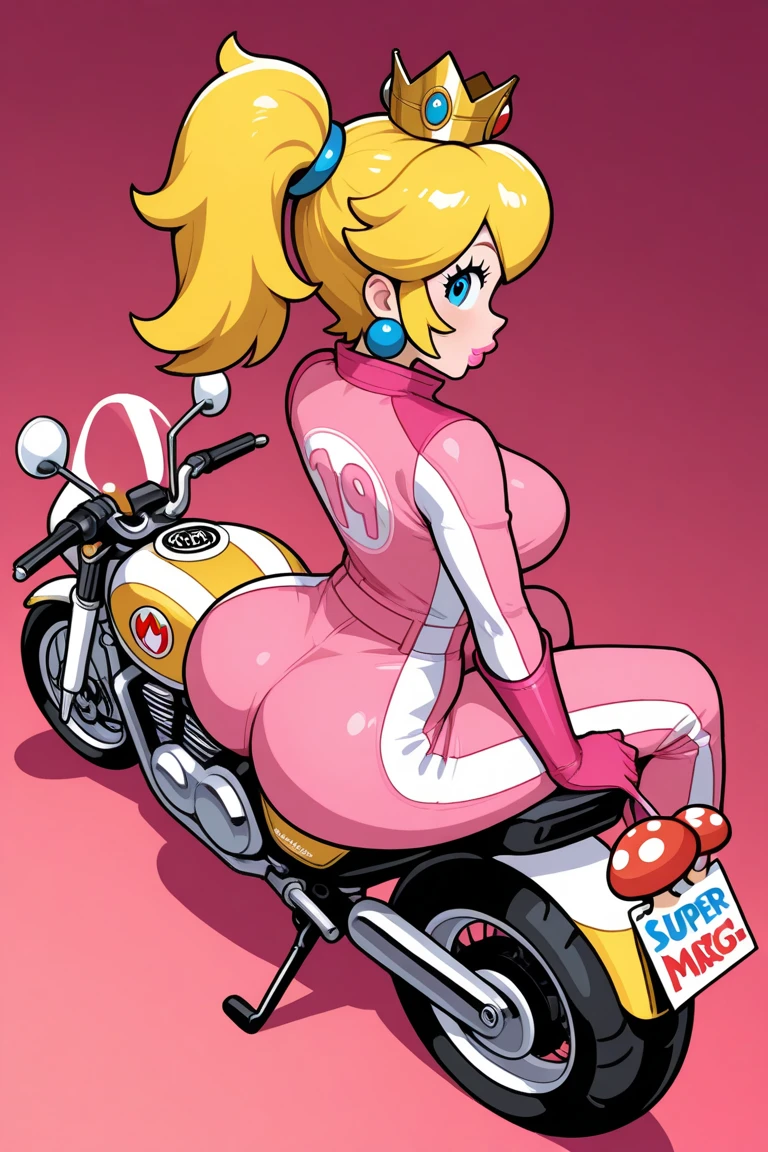 score_9,score_8_up,score_7_up,source_anime,akiraposter,logo,coco bandicoot,from above,from behind,solo,1girl,white bodysuit,pink gloves,ground vehicle,motorcycle,<lora:concept_akiraposter_ponyXL:1>,shiny clothes,tight clothes,butt,latex bodysuit,