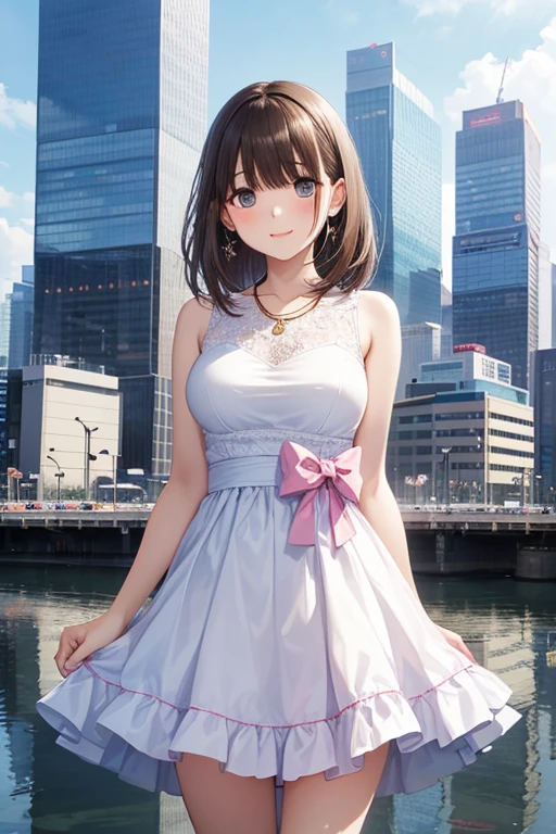 masterpiece, highest quality, One Girl, Thighs, beautiful girl, Flowers, Lots of small petals, Small waist, Official Art, RAWphotograph,Hands are precise、Face Light, Dynamic Lighting, Cinema Lighting, Ultra-realistic, High resolution, photograph, Sharp focus, Highly detailed eyes and face,Symmetrical face, whole body、Large Breasts、Long Hair、チラリと見えるThighs、Beautiful cleavage、bride、Sailor suit、mini skirt、Happy smile、lipstick、pantyhose、Pedestrian bridge