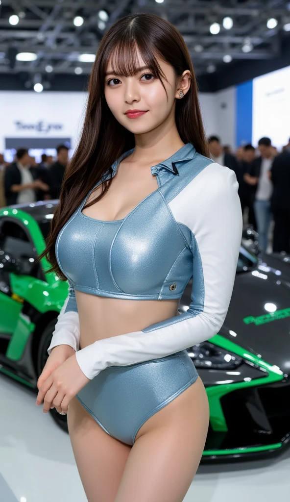 ((Back view))、((Big ass))、(Shiny Hair),(Glowing Skin),((Very white skin)),Korean Beauty、Jet Black Hair、Long Hair、Twin tail hairstyle、((huge breasts:1.3))、((She is wearing a race queen costume made of enamel material on her upper body.:1.5))、((Light blue and white clothes))、((Very small bikini-type shorts:1.5))、The navel is visible、((Very tight outfit:1.3))、Convention Hall、((motor Show))、Small waist、sexy、((Very revealing clothing:1.6))、Sports cars are displayed、Smiling with mouth closed、(naked:1.3)