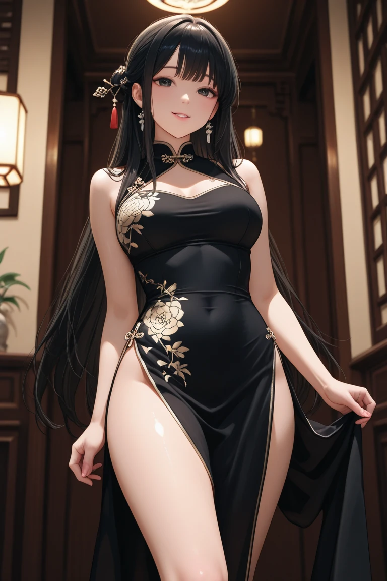 there is a woman in a black dress posing for a picture, anime girl wearing a black dress, full body xianxia, cute anime waifu in a nice dress, seductive anime girl, beautiful alluring anime woman, smooth anime cg art, cute elegant pose,  in dress, artwork in the style of guweiz, trending on cgstation