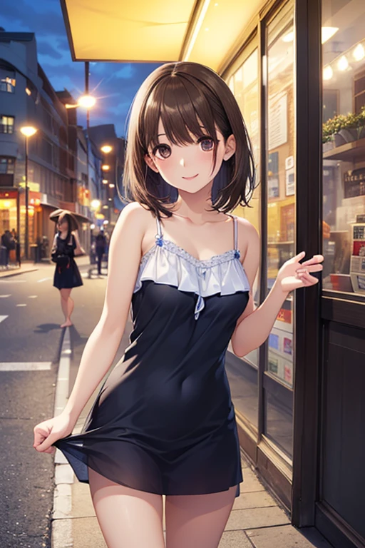 anegasaki nene、Shiny brown hair, short hair, (Beautiful brown eyes、Sparkling eyes, Fine grain)、smile、Ultra-detailed eyes、Highly detailed face, Highly detailed eyes,Cowboy Shot、
((Browsing Caution)),(())((Semi-transparent thin camisole dress)),Anime Style:2,Mature Woman,Shyness,Red face,Watery eye,Shyness,short hair,Downtown street corner at night,passenger,(Areola),Put your arms behind your back,,Expose