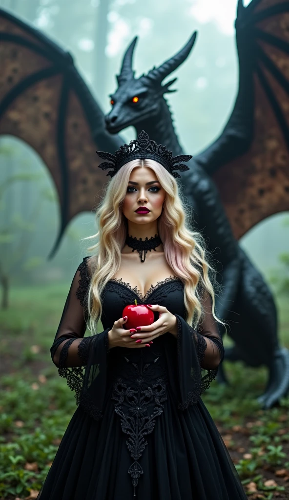 Girl,Blonde long hair,Black Queen,accessories,Apple in hand,Poison apples,Witch Queen,Red lipstick