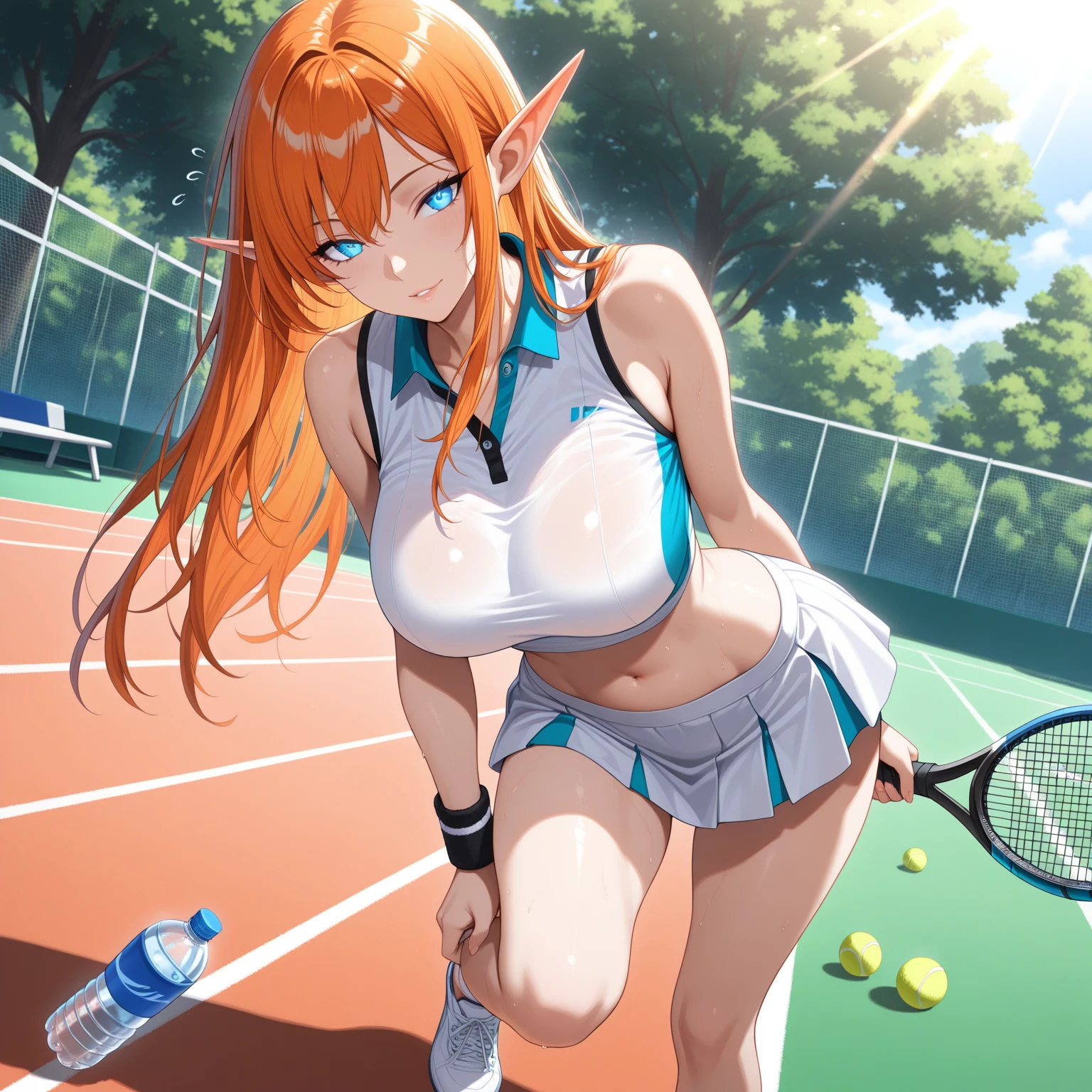 (kinako_(shiratama_mochi) style, silence_suzuka_\umamusume\), ((topless)), nsfw, masterpiece, white skirt, visor cap, solo, 1 girl, horse ears, horse tail, erect nipples, nipples, navel, large shoes, bare breasts, bare stomach, sweaty, cowboy shot, small breasts, headband, hair ornament, outdoors, tennis court, holding tennis racket, collarbones, blue sky, sunny, slim waist, orange hair, detailed eyes, beautiful eyes, wet, aque eyes, necklace, trees, smiling, open mouth, buttoned, shy