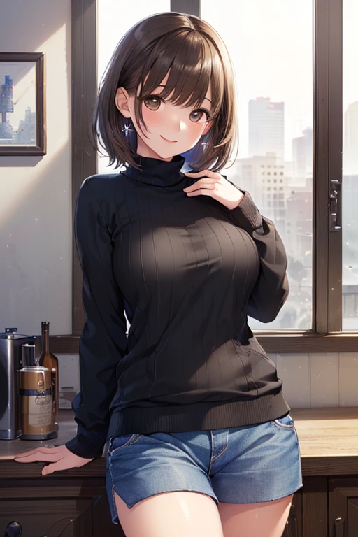 anegasaki nene、Shiny brown hair, short hair, (Beautiful brown eyes、Sparkling eyes, Fine grain)、smile、Ultra-detailed eyes、Highly detailed face, Highly detailed eyes,Cowboy Shot、



8k, Highest quality, Realistic photos, Realistic details, Clear Face, Delicate facial features, Real Skin Glow, pretty girl, shy, To the camera,
 Sitting at a bar, wearing a gray mesh tights sweater and tight denim., Clear Bar Background, Ocean view, Arms on the bar counter, Hip, The body is slim, , Charm, Seductive eyes
