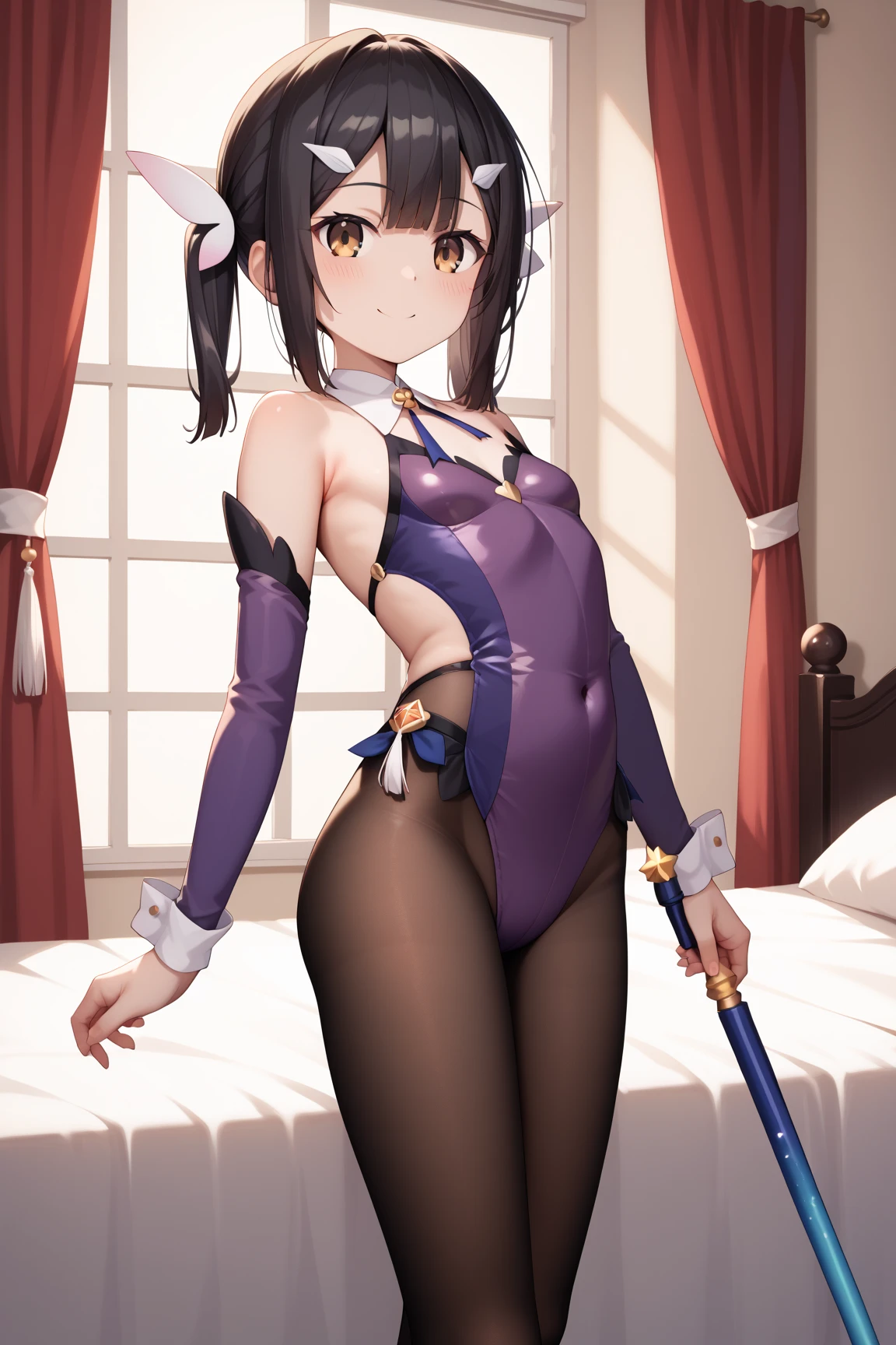 Soft Light, masterpiece, Highest quality,(finely detail),nsfw, armpit, (miyu edelfelt), wariza, clothes reflecting light, detailed body, brown eyes, hair between eyes, black hair, medium hair, hair ribbon, x-shaped hair ornament, small breasts, (erectile nipples), sidelocks, twin tails, kawaii, magical girl , clothing cutout, side cutout, detached long sleeves, (purple leotard), purple thigh highs, white cape, 1 girl, 独奏, (masterpiece, best quality, 8K:1.2), (high quality), (no skirt)