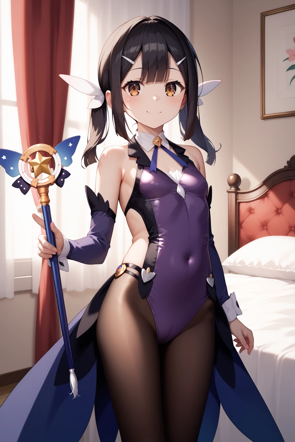 (masterpiece, best quality detailed), 1girl, solo, <lora:ShutenDoujiV11-000003:0.9>, indoors, bedroom, bed, standing, smile, full body,
shuten douji, dudou, forehead jewel, detached sleeves, earrings, short twintails, fundoshi, black choker, shawl, star print, stirrup legwear, layered skirt, pelvis curtain, (rope, shimenawa)