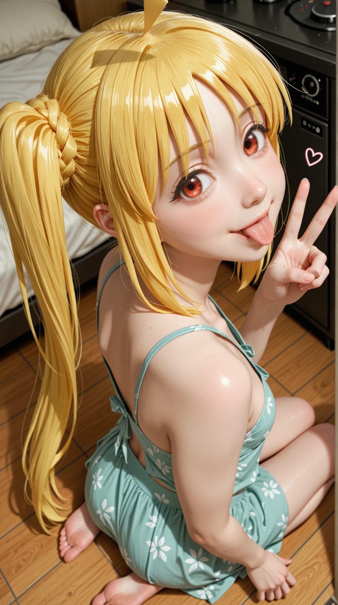 12-year-old girl、Tank top、mini skirt、Yellow Hair、Fluffy long hair、Red eyes、Cat's eyes、Luxurious and bright dresses、