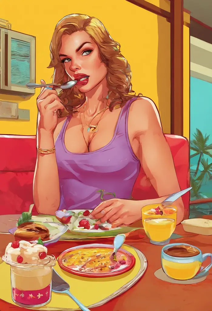 Lexa Doig (age 25), sheer negligee (no underwear), eating a donut crumbs fallen on her breasts, morning sun. dining room with many large windows