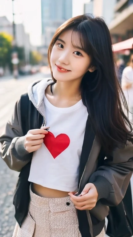 (heart hands, own hands together:1), mature female, blouse, smile, happy, Jeggings 