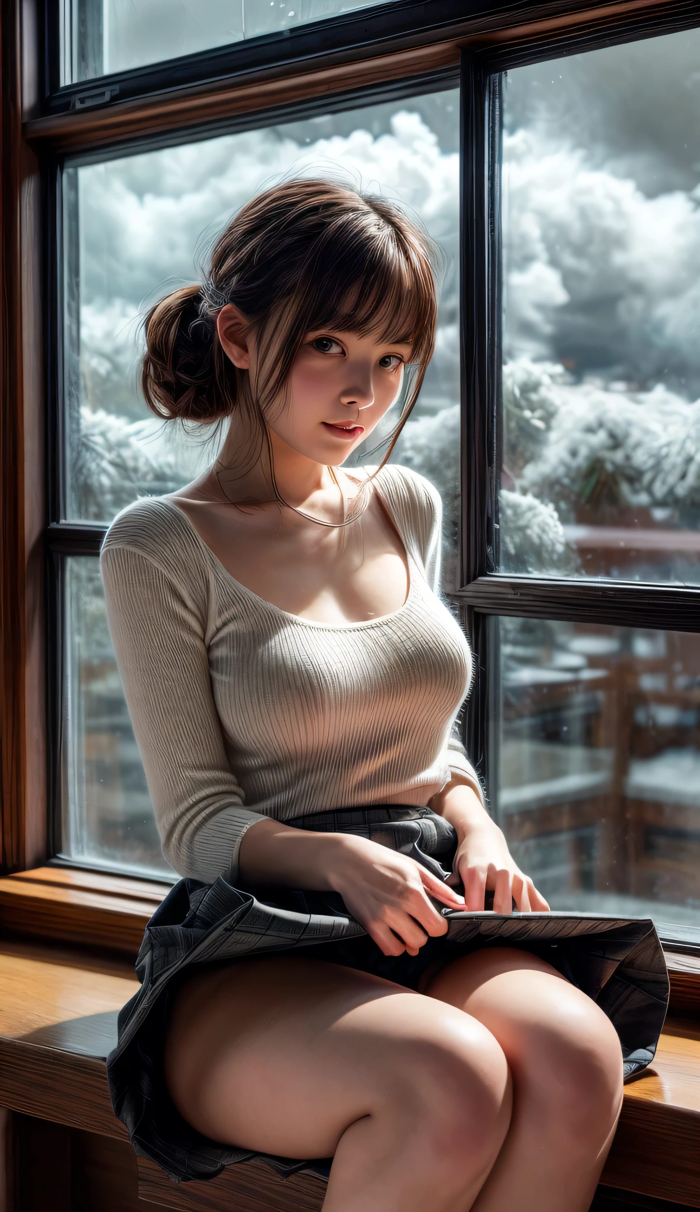 (1woman 1rugged man:1.3), (she's on his lap, straddling:1.5), couple, taken outside, (top view: 0.2, all of body: 2.4,), couple in mountain mist:1.8, (body heat breathing:1.6), beautiful dusk moonlight:1.7, moonstruck, (exterior radiant micro lights:0.2), masterpiece, best quality, ultra-detailed, exterior, laying straddling:1.2, (dusk:1.5), mountains, nature, (glorious morning sunlight), cheerful, (happy couple embrace cozy with blankets, sleeping bags,), embracing intimate, (spanking:1.1), woman is 25 yo beauty, (Brown wavy semi-long hair and bangs), medium breasts, (man 45yo, handsome), Wearing white shirt, sleeves rolled up, dress jeans, (He grabs the girl's hips), body heat:1.3, he kisses the nape of her neck:0.8, warm and inviting, stunning misty mountains, hugging, embracing, (misty mountains:1.1), forest, rocks, river, wood, smoke, shadows, high contrast:1.1, deep rich shadows:1.1, clear sky, analog style (look at viewer:1.8) (skin texture:1.2) ,(ultra-realistic eyes, pupil coloring:1.8, eyelashes), highest quality, (film grain:0.8), (warm hue, warm tone:1.2), cinematic light, ultra high res, best shadow, RAW, wearing knitted sweater:1.5, her hair up in messy ponytail:2.0, relaxed and intimate, resting, happy, best moment in life, share it with me, mountain dew:0.9