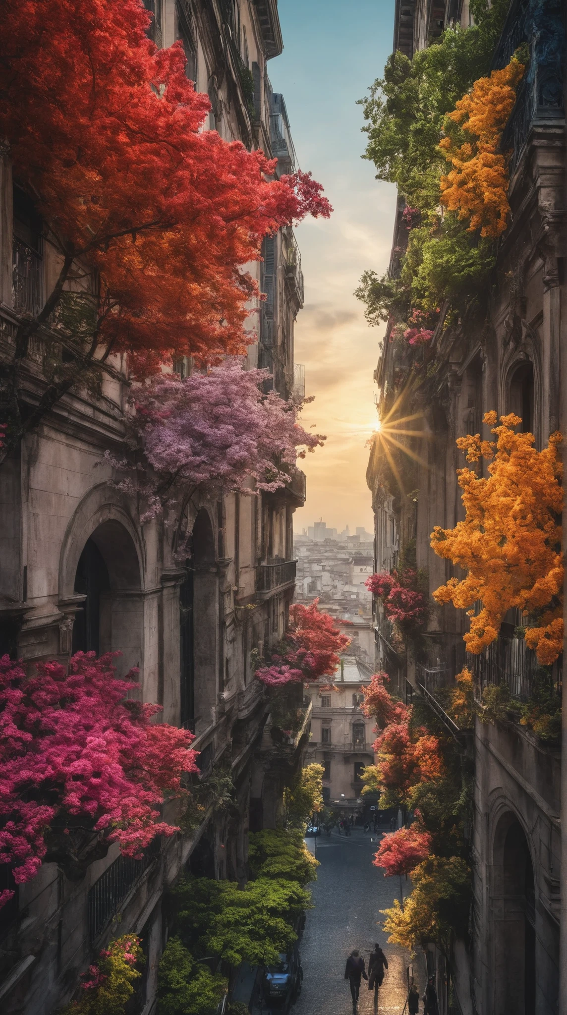 highdefinition images、Milan cityscape、People Looking Down々、 Flowers and trees々The beautiful city of、Mysterious Beings and Mysterious Colors Hidden in Tree Branches、 8k、 ( High Quality Seven Colored Flowers ) A City Full of Fantasy、 Soft Sunrise in Milan。
