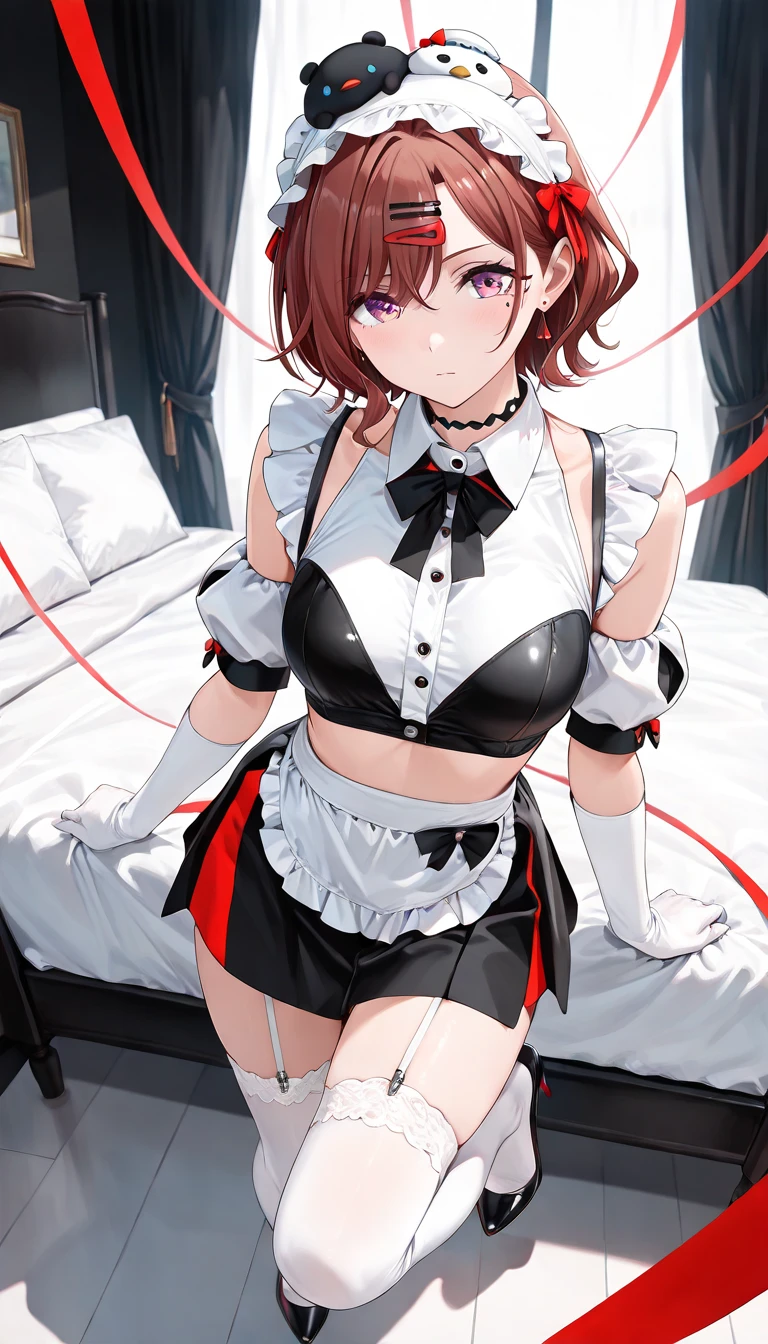 1girl,(bright lighting,romantic setting),dreamy background,,dark hair, mesmerizing gaze, , soft skin, alluring beauty, artistic portrait, high-quality image, vibrant colors,long pink floral sheer skirt, mosquito net, romantic bedroom, sidesuspension,solobound,blindfold,gag