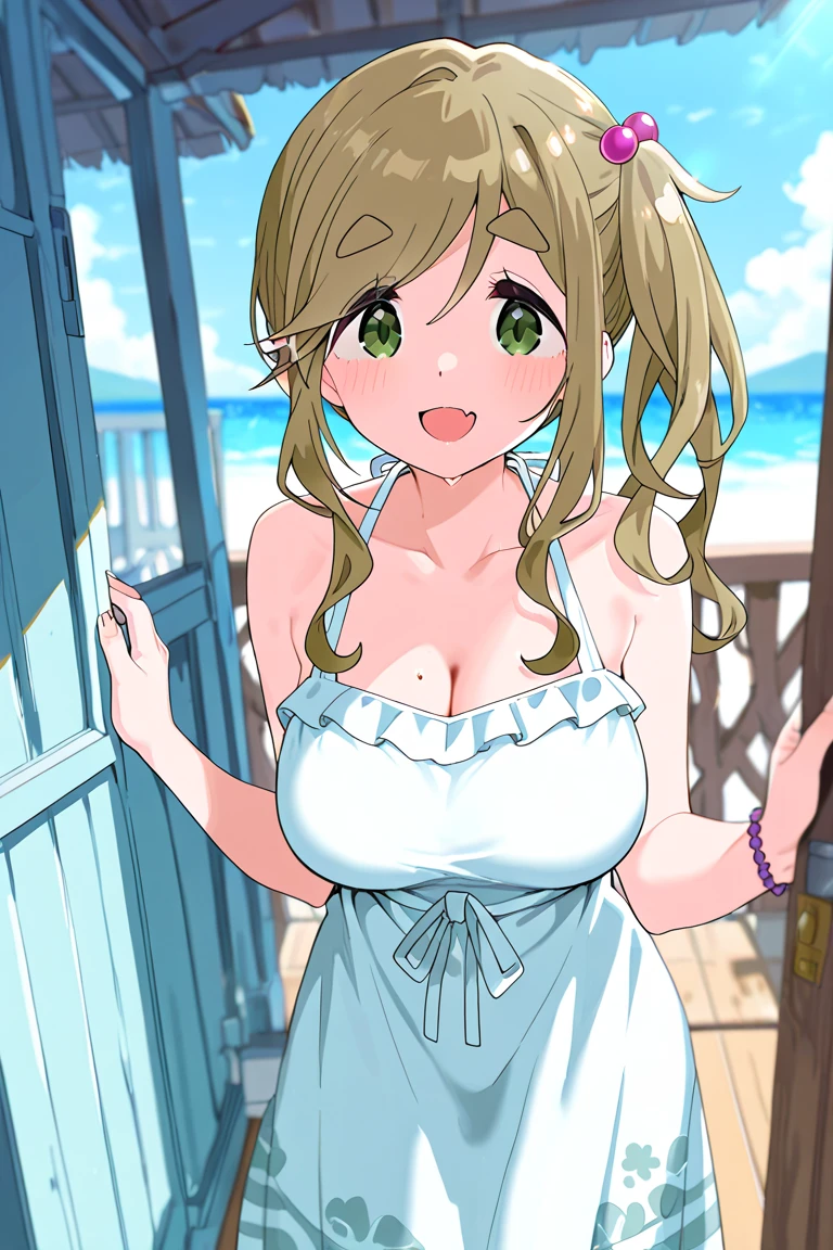 score_9, score_8_up, score_7_up, source_anime, (anime coloring, anime screencap:1.2), flat color, megami magazine, 1girl, solo, Aoi Inuyama, loose camp, medium hair, (large breasts:1.2), bangs, brown hair, hair ornament, side ponytail, flowing bangs, thick eyebrows, hair bobble, skin fangs, green eyes, fangs, white bikini, beach, seductive smile, open mouth, :D, looking at viewer, sitting, from side, from above