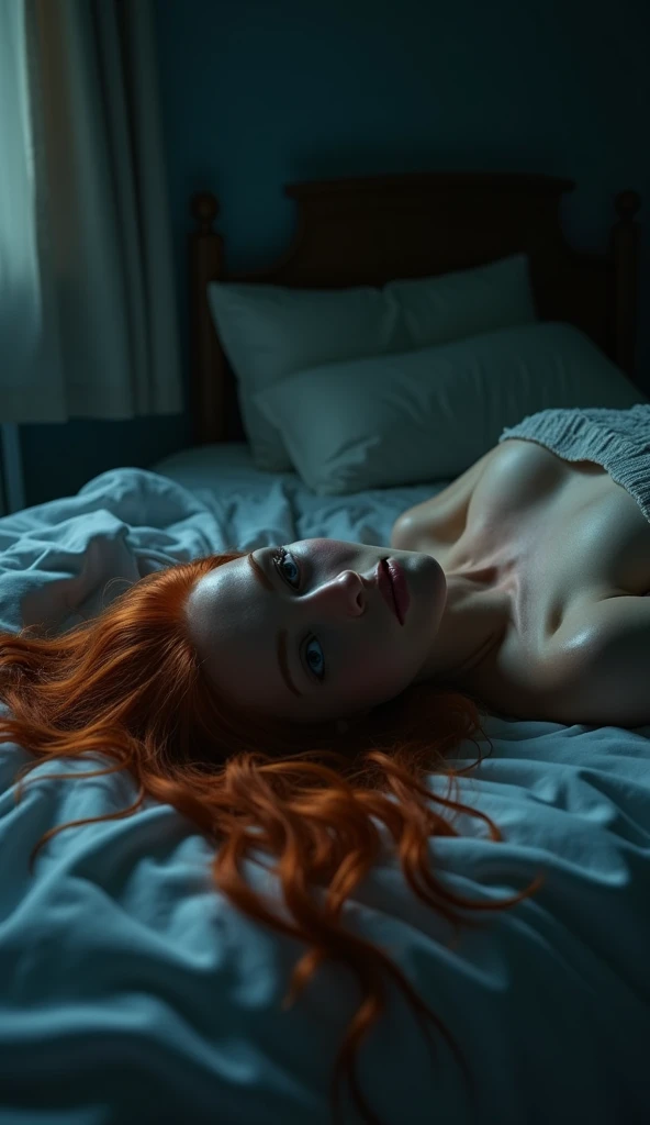 A woman masturbating but she is masturbating on hidden sheets ,ella debe ser irlandesa con cabello rojo y ojos verdes