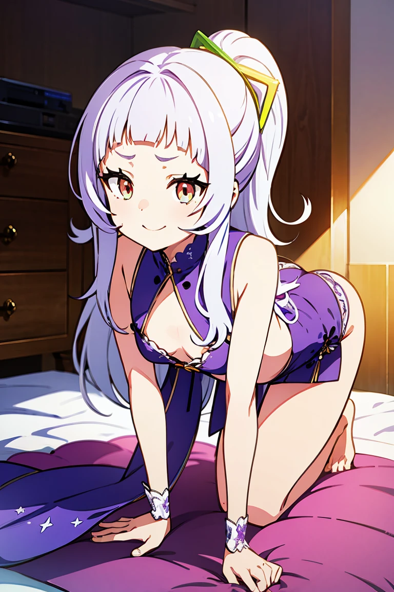 aaillya,long_hair,blonde_hair,red_eyes,hair_between_eyes,bangs,white_hair, illyamagical,magical_girl,two_side_up,hair_ornament,feather_hair_ornament,gloves,white_gloves,elbow_gloves,detached_sleeves,ascot,thigh_boots,thighhighs,pink_footwear,boots,bare_shoulders,cape, 1girl, solo, 9 years old, short stature, Short arms, Short legs, gigantic breasts, (big ass, panties, pussy line:1.2), blush, ecstasy, bed, bedroom, anime colored, official art, anime screencap,