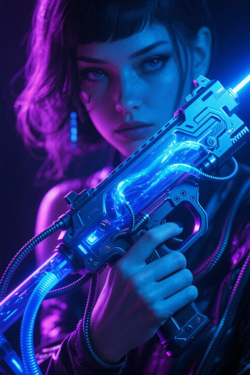 (((aerial view))), Blade Runner style futuristic railway platform, hi-tech train, neon lights, rainy night. (1girl, solo, alone), large-breast:1.2 slim body, cleavage:1.1, sexy wind blowing wet dress:1.4, headphone, (black sunglasses), (((she raised a pistol:1.8 and shot:1.8 the viewer))), dynamic pose, (((half-body thigh level medium shot))), cinematic lighting, lens flare, ray tracing, blurred:1.4 background.