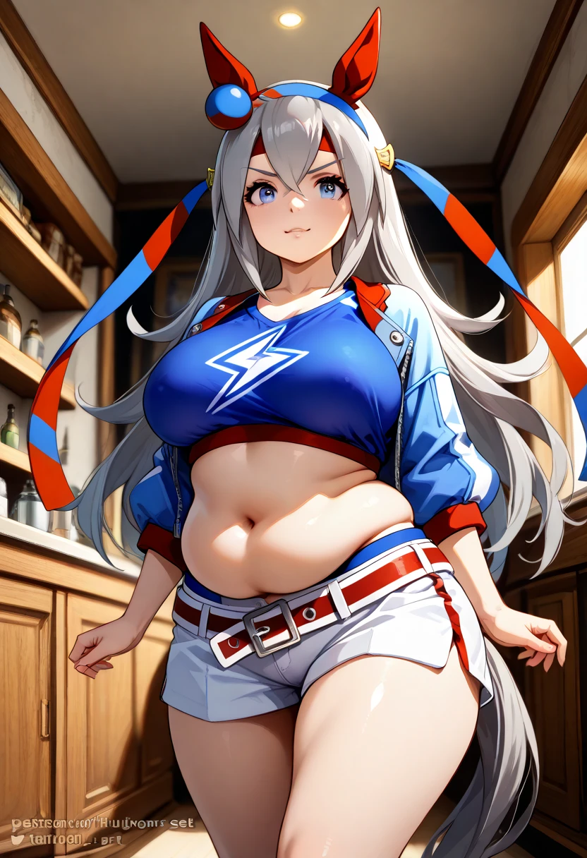 NSFW,tamamo cross \(umamusume\),(Perfect hands),(Perfect Anatomy),(masterpiece),(highest quality),Embarrassed,blush,cropped,Off the shoulder,hot pants,High leg pants,Love Hotel at Night,bedroom