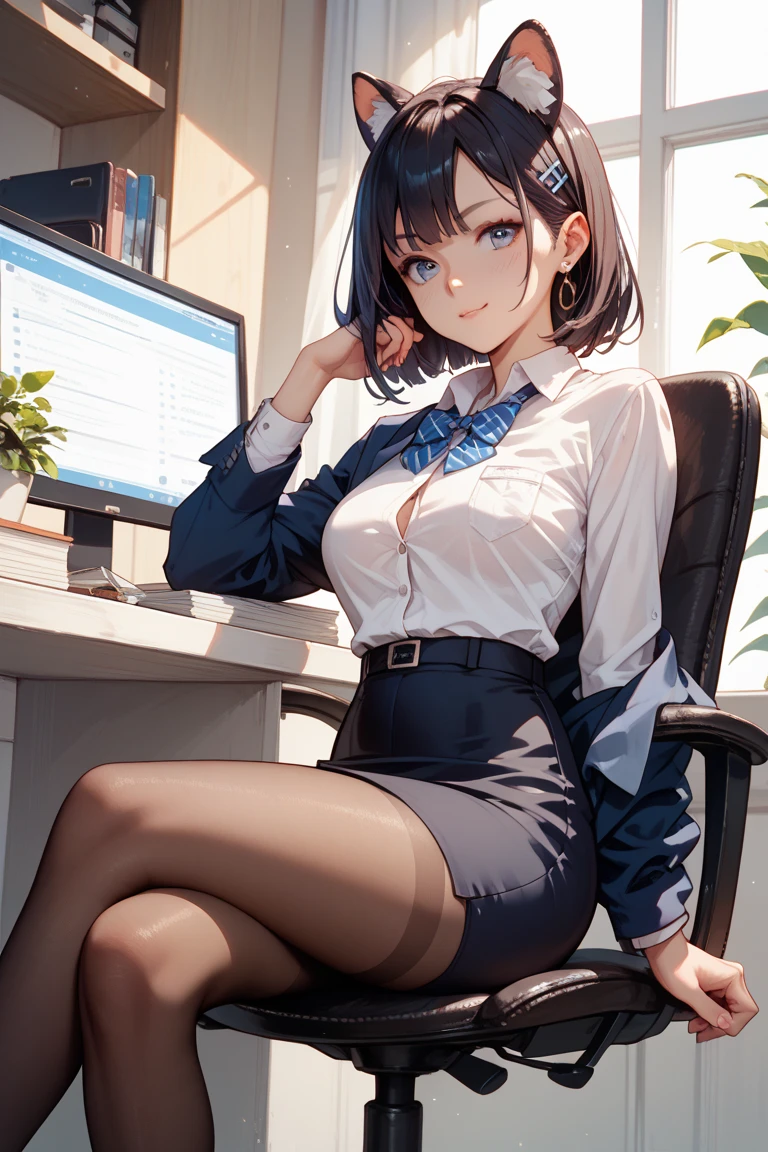 YELAN, 1girl, solo, ((white shirt)), black thighhighs, breasts, cleavage, uniform, office background, black skirt, pleated skirt, office, hair between eyes, large breasts, short hair, looking at viewer, BLUE HAIR, blue short nails, blue eyes, solo, thighhighs, thighs, very long hair, ((masterpiece)), sitting, chair, desk, computer on desk, name tag, id tag, indoor, blush, sexy pose,