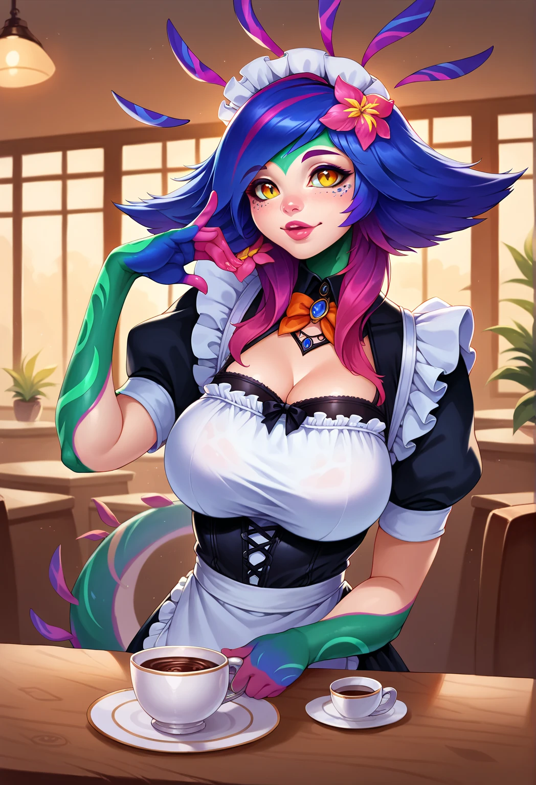masterpiece, best quality, 1girl, boris \(noborhys\), neeko, colorful skin, multicolored hair, hair ornament, standing, maid outfit, facial mark, closed eyes, smile, cafe environment, maid outfit , lifting her skirt, showing a purple horse cock