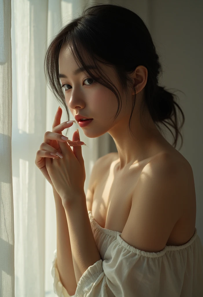 (Photorealistic),(Masterpiece),(ultra-detailed),a really close shot of very pretty tall idol girl but so busy that she had starved for a month so very close to fainting but somehow stays bright for her fans and has extremely thin feeble small body which are just bones and thinner than sticks and she is wearing a white loose silk dress,ghostly appearance because of thinness but beautiful