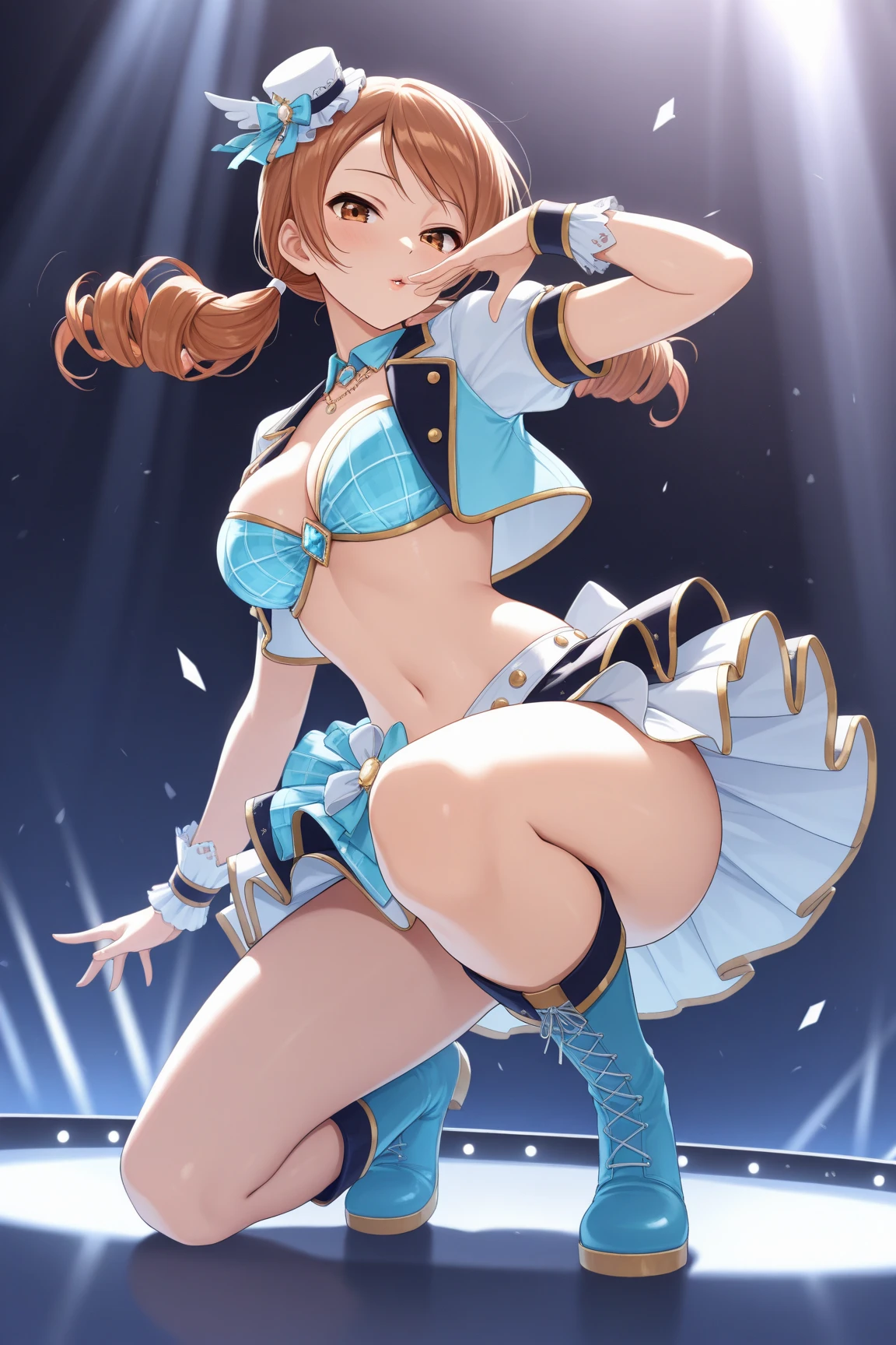 (((Pixel perfect, perfect detail))), (((Underskirt angle view, panties visible,))), solo, solo girl, Kosaka Honoka, (idol dress, : 1.0), (magical girl,: 1.0), viewer's point of view, embarrassed face, μ's, Love Live! stage, singing, (lace skirt: 1.3), (white panties: 1.3), (panties with ribbon), (ruffled panties: 1.3), (bra, fullback panties,: 1.3), (low angle), blue eyes, orange hair, one side up hair, short hair, (spread legs: 1.0)