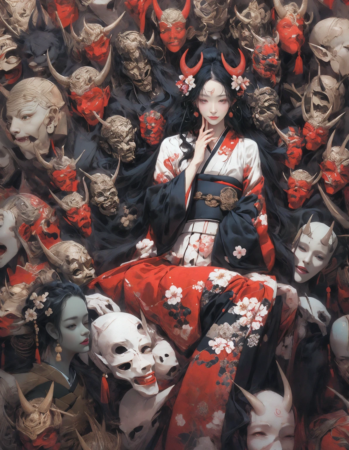 (Masterpiece:1.2), a pregirl,Best quality,Chinese style buildings,Detailed portrayal of facial features,Yin Cao Di Mansion,Chinese horror,onimous,Pisif,Chinese horror,Lanterns,skelleton,Ghosts,Black hair, period costume, Hanfu,1girll, hair adornments, Horns, Sitting, flower, period costume,Red eyes, hair flower, Earrings, long whitr hair, haori, jewelry, Own hands together, nipple tassels, Wide sleeves, Red eyes, Closed mouth, Long sleeves, Hanfu, Black period costume,bangs, Smile