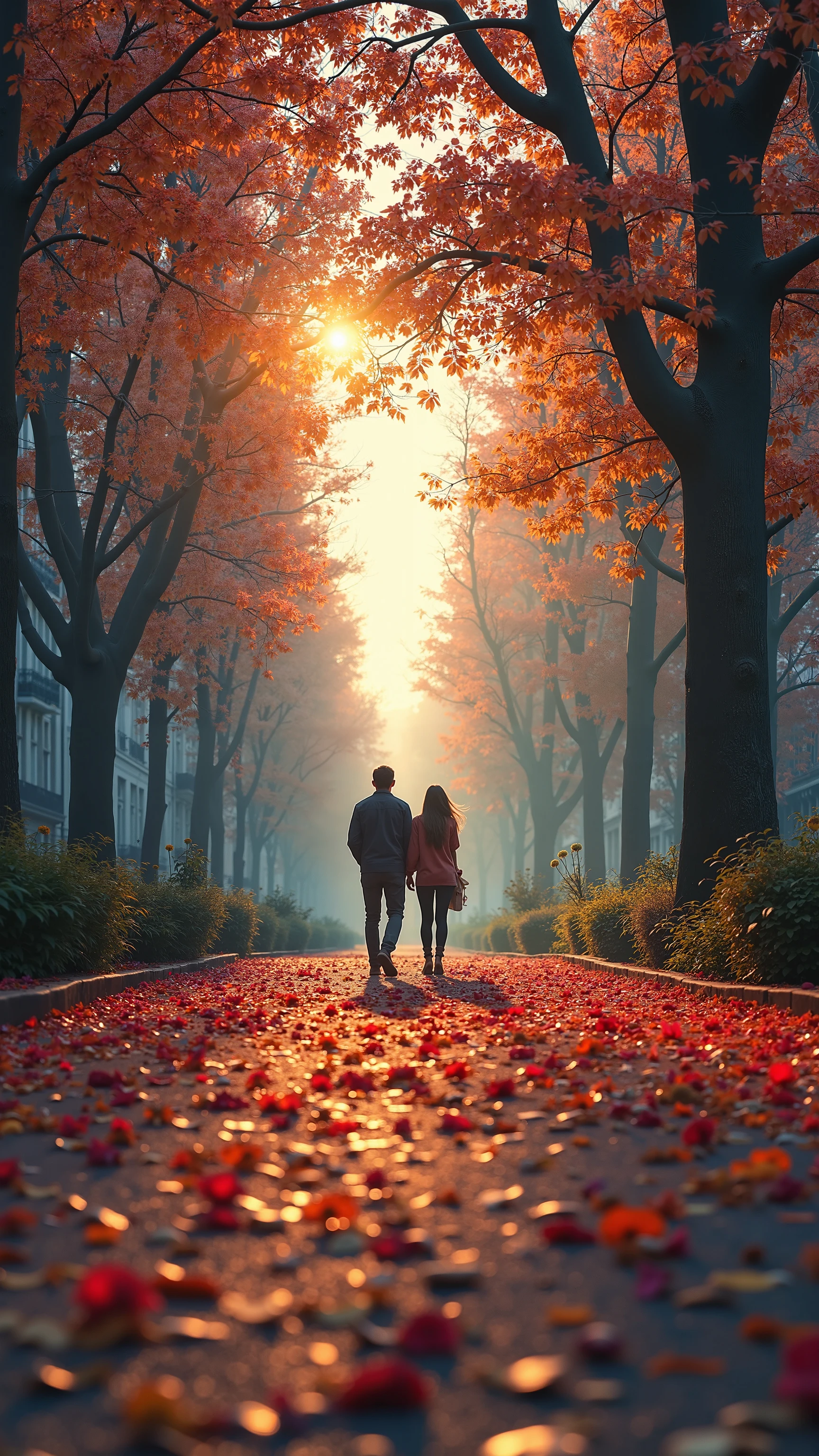 highdefinition images、Milan cityscape、People Looking Down々、 Flowers and trees々The beautiful city of、Mysterious Beings and Mysterious Colors Hidden in Tree Branches、 8k、 ( High Quality Seven Colored Flowers ) A City Full of Fantasy、 Soft Sunrise in Milan。
