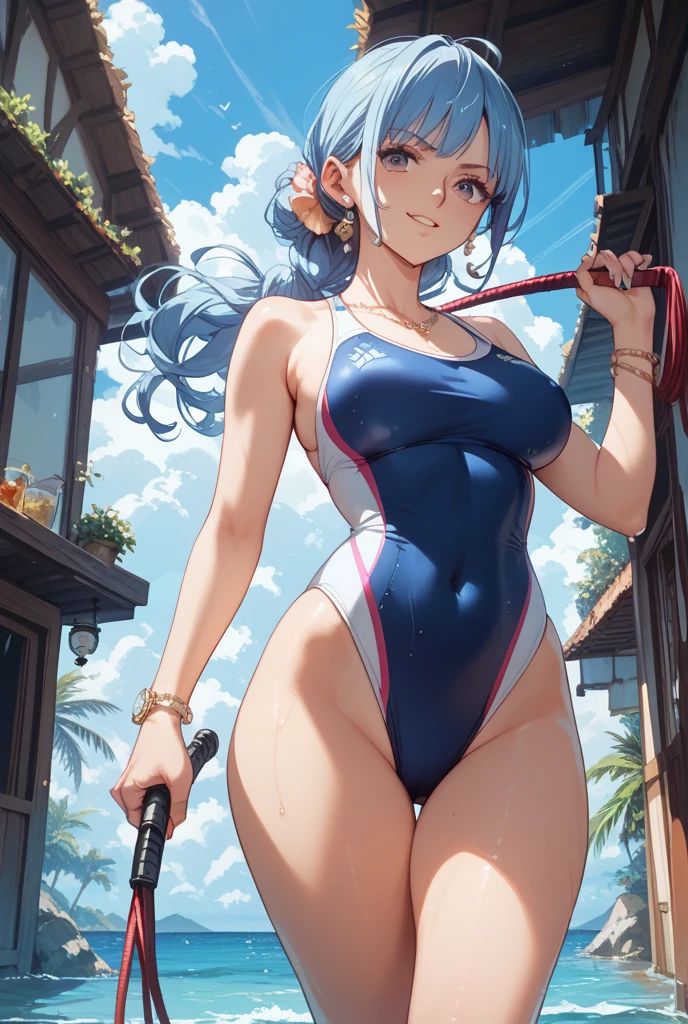 (((masterpiece))), 4k resolution, highly detailed, (((extremely detailed eyes))), detailed background, luminous lighting, crystal clear eyes, blue eyes, high quality, high resolution, ultra-detailed, 8k, best quality, (1girl), ground, shadow, backlight, light particles, thick filters, (((muscular thighs))), (masterpiece: 1.3), (best quality: 1.2), (super fine illustrations :1.2), (masterpiece), (masterpiece), high quality, high detail,(SOLO:1.4),((round image)), 1girl, (kamisato ayaka), smile, blush, closed mouth, thick , medium breasts, (((white hair))), on the beach at night with a starry sky and a full moon in the sky, from above, (full body photo), (muscular belly), (((in a very short bikini)) ), from the back, barefoot, (((showing her big ass to the camera)))