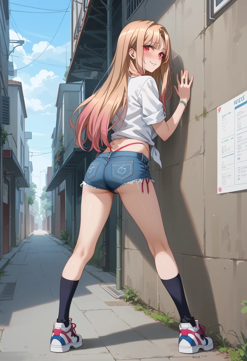 masterpiece, highest quality, High resolution, kitagawa marin sb, The centre of gravity is at the rear, 1 girl, Blonde, Long Hair, Colorful Hair, Red eyes, jewelry, Earrings, Earrings, , White shirt, tide shirt, black choker, Blue tie, Checked skirt, (full body), lace black panties,(Showing panties:1.3), (Back view:1.3), (Looking back:1.5), (lean forward :1.5), Outdoor, shopping