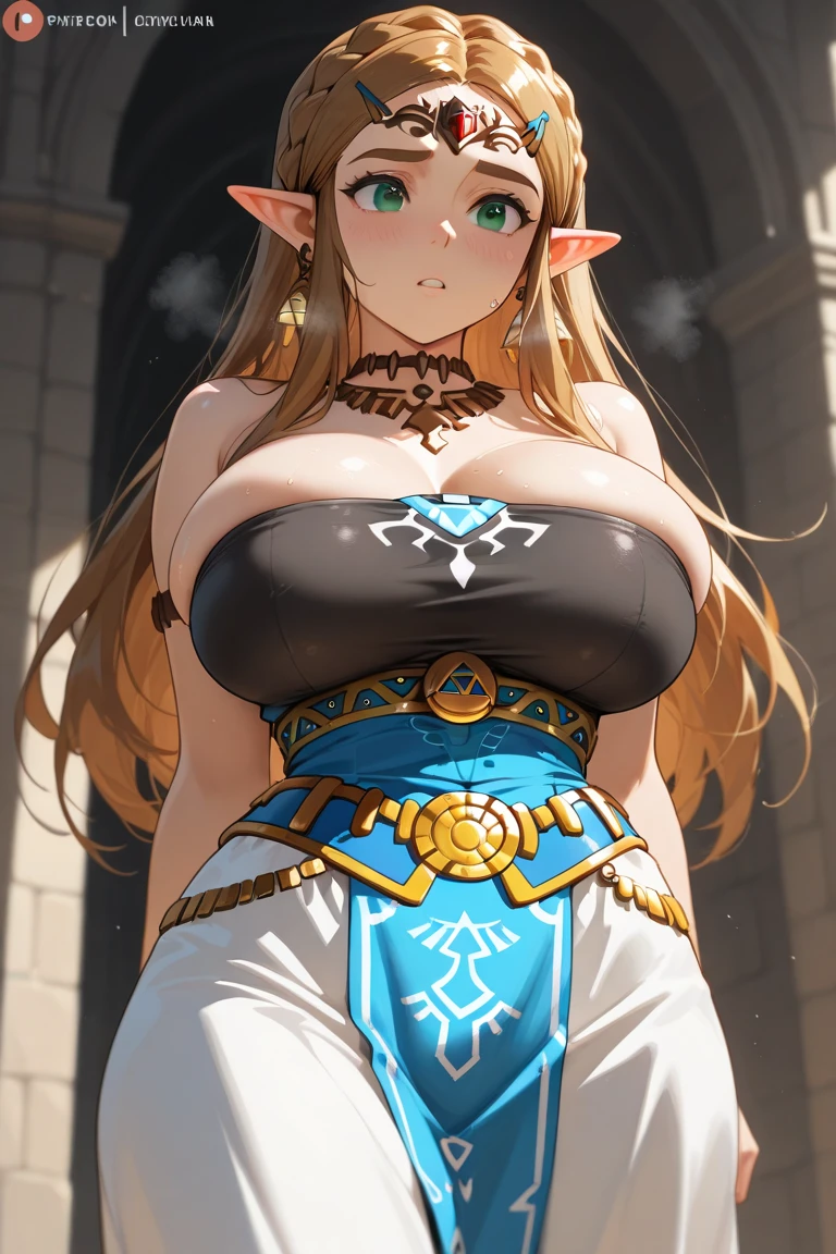 ((masterpiece)), ((best quality)), (detailed), perfect, solo, zelda, gorgeous woman, luscious lips, long hair, huge breast, deep cleavage, huge breasts, sexy, (((gigantic breasts)))