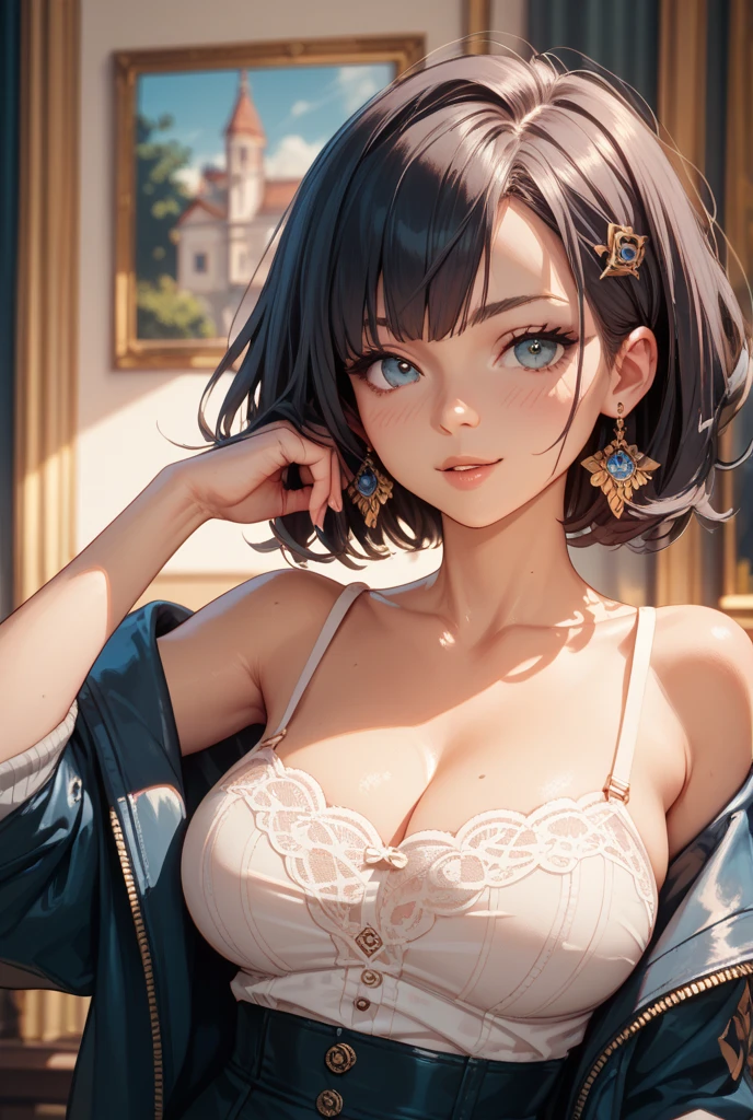 Woman, 30 years, makeup, seductive smile, cinematic lighting, bloom, panorama, UHD, masterpiece, textured skin, super detail, high quality