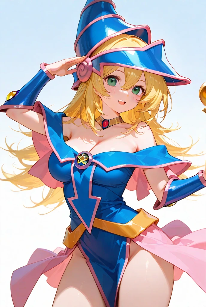 straight-on,pose,looking at viewer,solo, BREAK,ANIME_dark_magician_girl_YuGiOh_ownwaifu, www.ownwaifu.com,
blonde hair, long hair, dark magician girl,breasts, hair between eyes, medium breasts, blue eyes, bangs, collarbone, spiked hair, blush stickers, large breasts, green eyes,
bare shoulders, blue headwear, choker, duel monster, hat, wizard hat, cleavage, blue leotard, jewelry, gem, necktie, star \(symbol\), vambraces, pentacle, bracer,pelvic_curtain,hexagram,
holding, holding wand, staff, wand,
<lora:ANIME_dark_magician_girl_YuGiOh_ownwaifu:1>,, (extremely detailed fine touch:1.2), (natural light, sun light, light rays, dappled light, ray tracing:1.2), masterpiece, best quality, highly quality ,