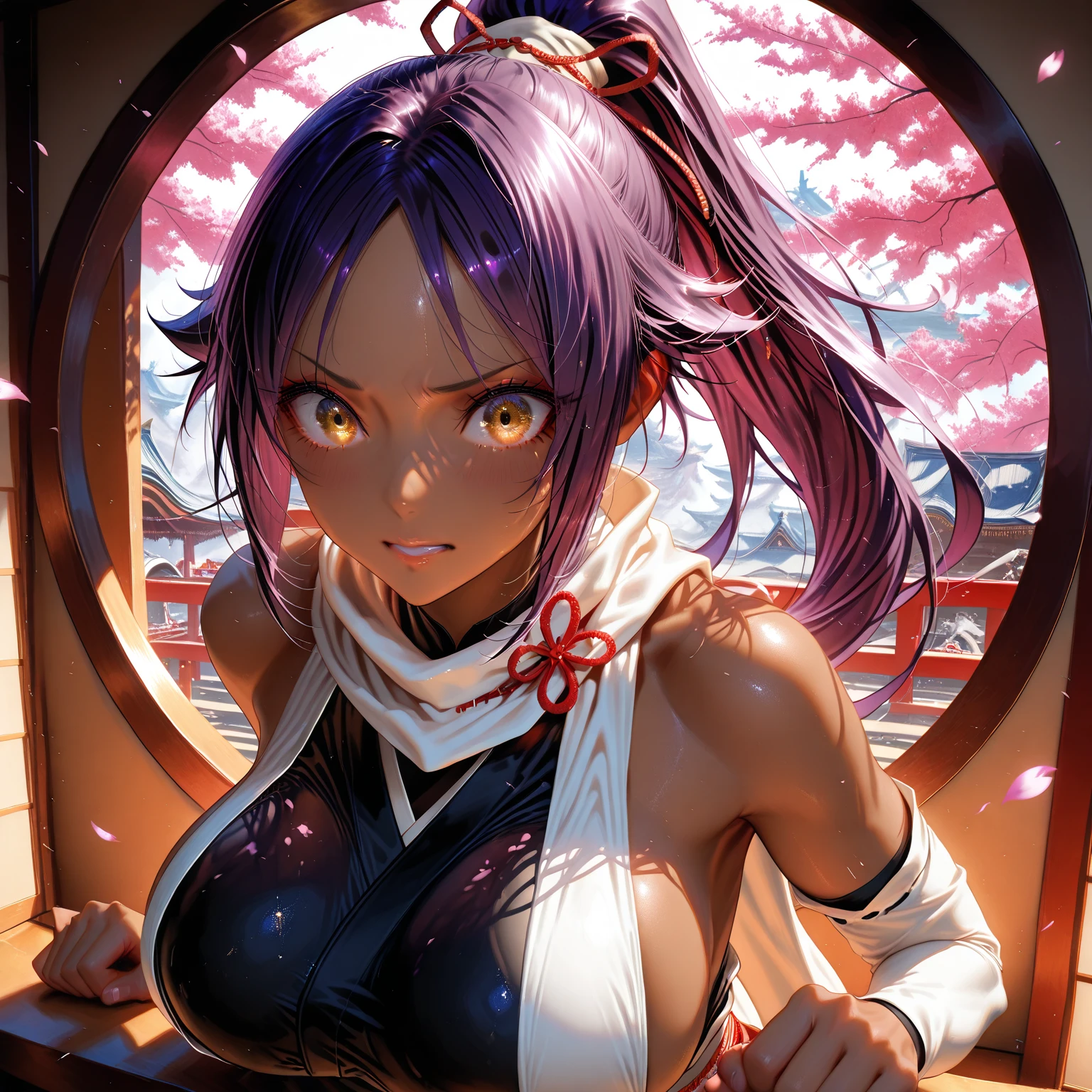 score_9, score_8_up, score_7_up
beautiful aesthetic, very intricate, high quality details
1girl, solo focus, solo, (shihouin yoruichi)
black ninja outfit
smile, smug, looking at viewer
standing, hand on own hip
natural lighting
east asian architecture, rooftop, night, night sky
dynamic angle
Expressiveh