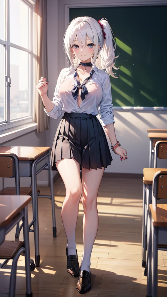 Billie Eilish, masterpiece quality, (masterpiece quality:1.3), high res, realistic, lots of detail, alone, 1girl, (1girl:1.9), solo, in a college classroom, in a classroom, college students in background, chalkboard in background, long hair, platinum hair, (platinum hair:1.5), wearing college uniform, wearing choker collar, wearing black lace bra, wearing red plaid skirt, (miniskirt:1.5), bare legs, (bare legs:1.5), thin body, small breasts, (small breasts:1.5), lots of cleavage, worried, (worried face:1.5),
