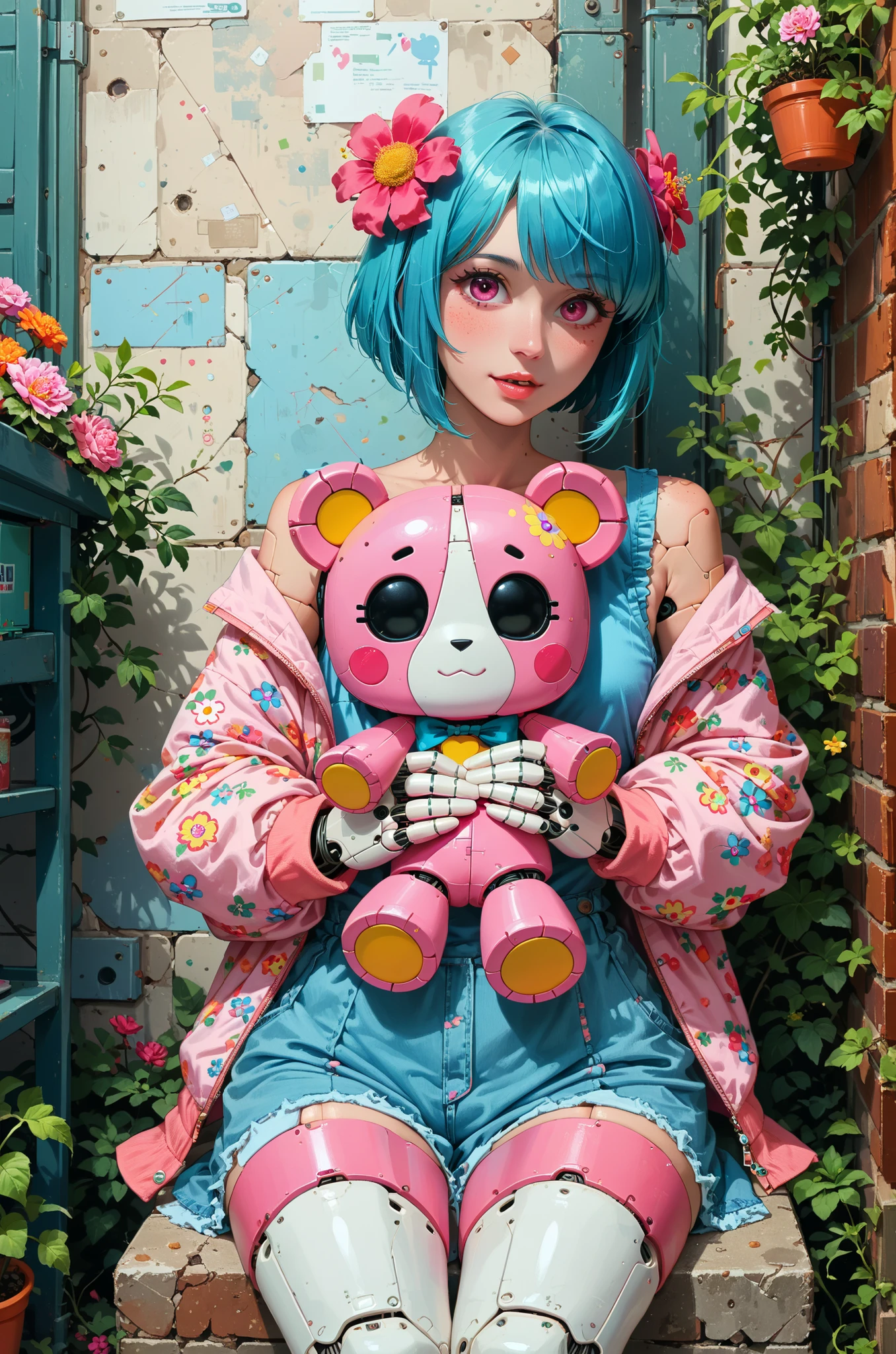 cute girly robot,flower pattern on body, heavy weapons,kawaii mood,Joints and gaps glowing pink.holding teddybear,newest anime style