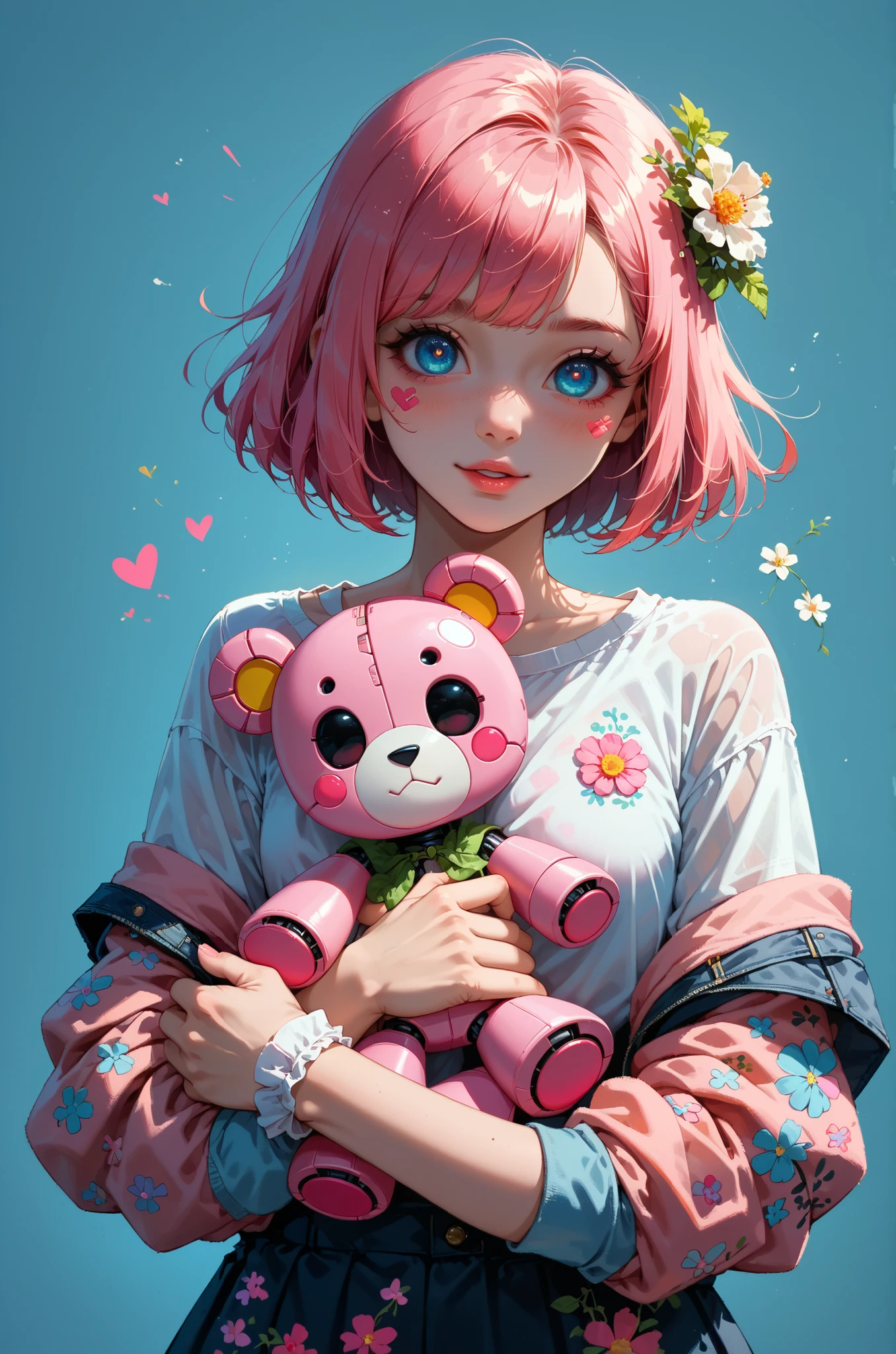 cute girly robot,flower pattern on body, heavy weapons,kawaii mood,Joints and gaps glowing pink.holding teddybear,newest anime style