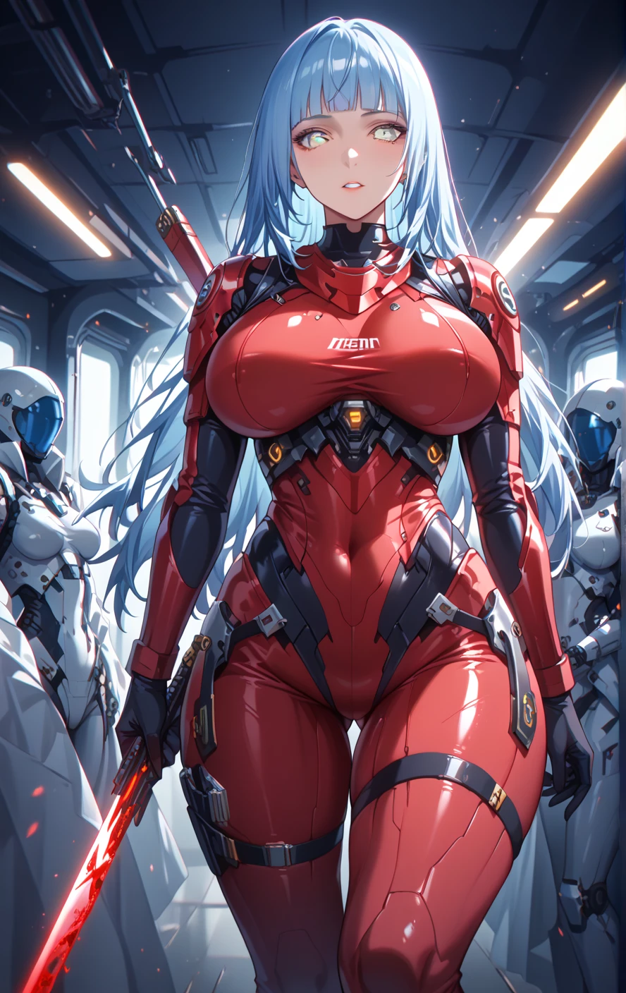 masterpiece, best quality, IncrsLowTier, electricity, glowing eyes zerotwo horns, hairband, necktie, red dress, pantyhose horns, hairband, red bodysuit, armlet, mecha horns, hairband, white bodysuit, white gloves, cap, red dress, white gloves, jacket on shoulders, pantyhose, cyber_armor body_suit,huge_breast, tall female, fulll body, sun light, smile,, sun aura,, boots, standing, smile, lips, red lips, fangs, sharpteeth,,{best quality}, {amazing quality} {best quality},{amazing quality},, {absurdres},{{highres}}, {very aesthetic}, {detailed}, curvy, tall, huge breast, character focus, white background,full-length portrait,