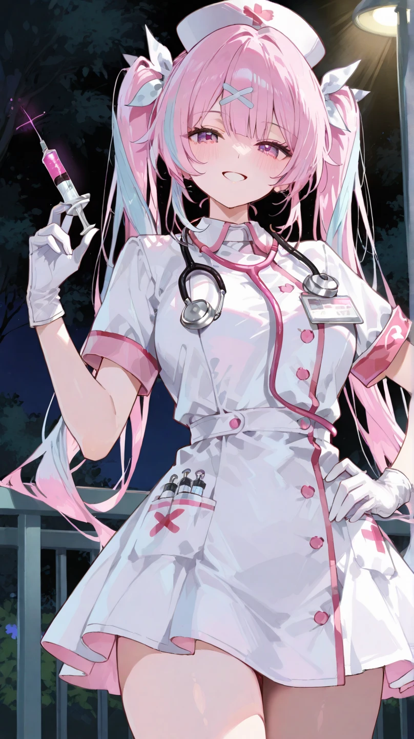 best quality, masterpiece, 1 girl, (silhouette lighting:1.2), (cowboy shot:1.3), one eye closed, grin, white nurse costume, origen, neogen, (skirtlift:1.2), hospital, operating room