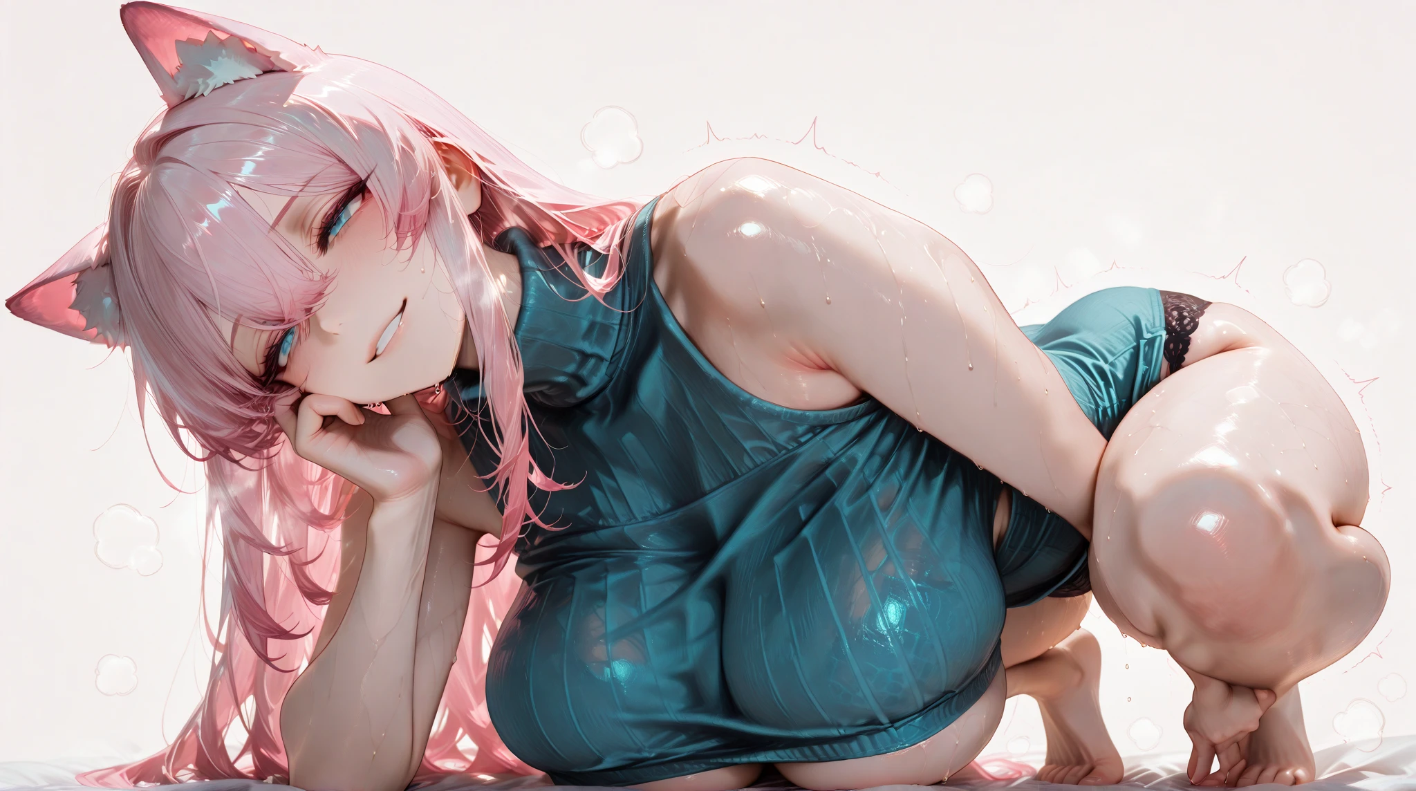 1girl, armpits, armpits_spread, bare_shoulders, blue_eyes, blurry, blush, breasts, cleavage_cutout, closed_mouth, eyebrows_visible_through_hair, from_side, gradient, grey_background, hair_ornament, large_breasts, long_hair, looking_at_viewer, open_mouth, pink_hair, pom_pom_\(clothes\), red_eyes, smile, solo, sweat, swimsuit <lora:armpits:0.7>
