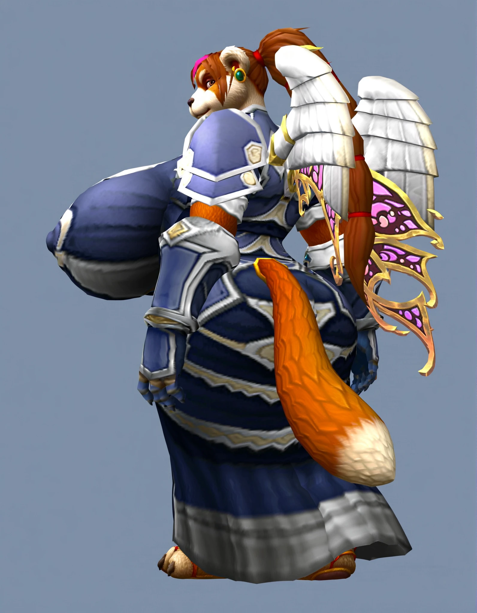 score_9, score_8_up, score_7_up, score_6_up, score_5_up, score_4_up, 1girl, furry, brown hair, ponytail, brown eyes, animal ears, ((((earrings, armor, robe, shoulder armor, gauntlets, full nipple outline)))), wings, butterfly wings, tail, ((hyper hips, hyper hyper breasts, hyper hyper nipples)) full body, standing, (((from behind, looking back))),
light blue background, simple background,