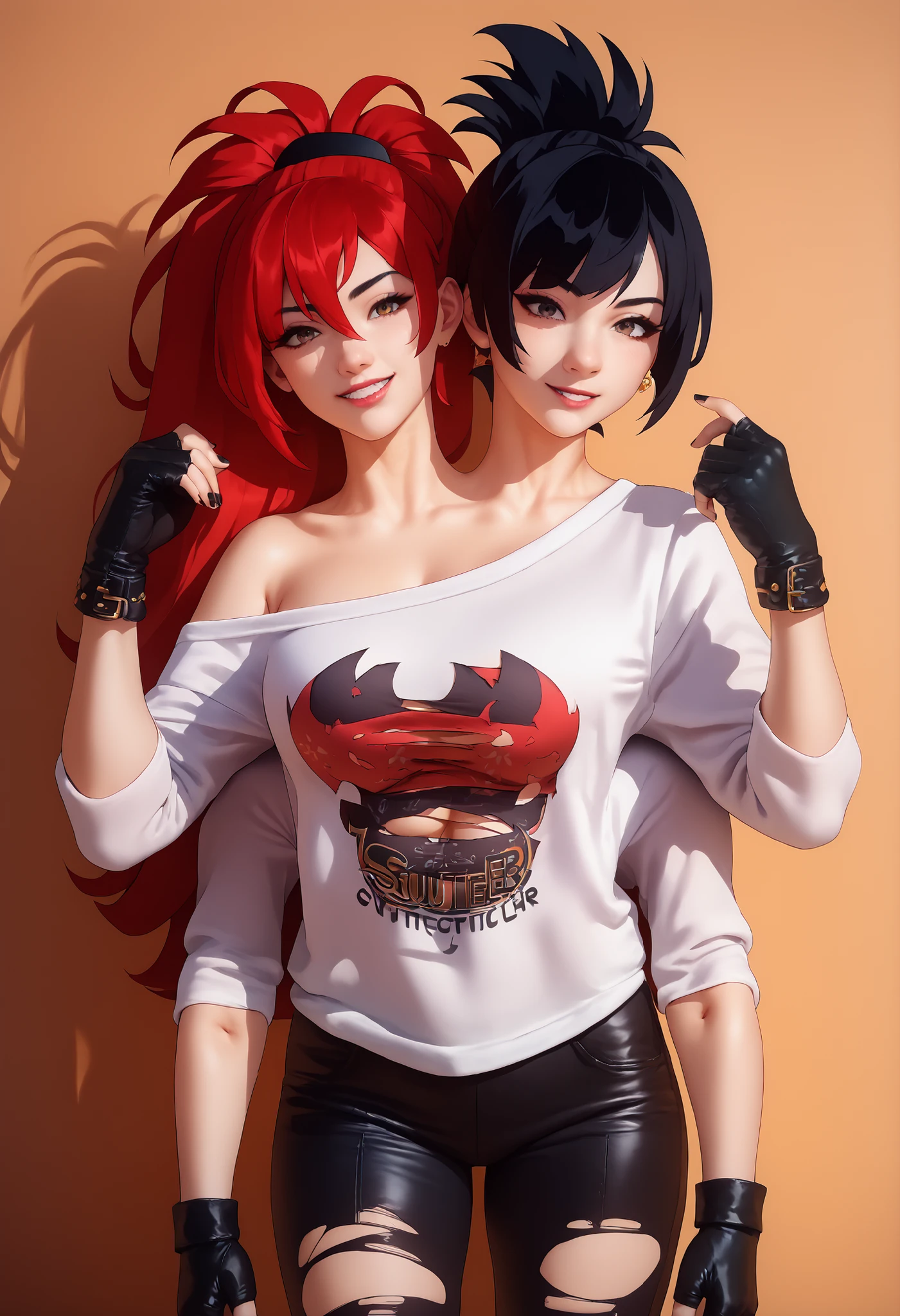 best resolution,anime woman with two heads, gold eyes, different hair colors, red hair, black hair, different hairstyles, different hair-lengths, short hair, long hair, spiky hair, straight hair, hair down, oversized white sweater, one shoulder bare, torn pants, gloves, high leather bootschokers,four arms