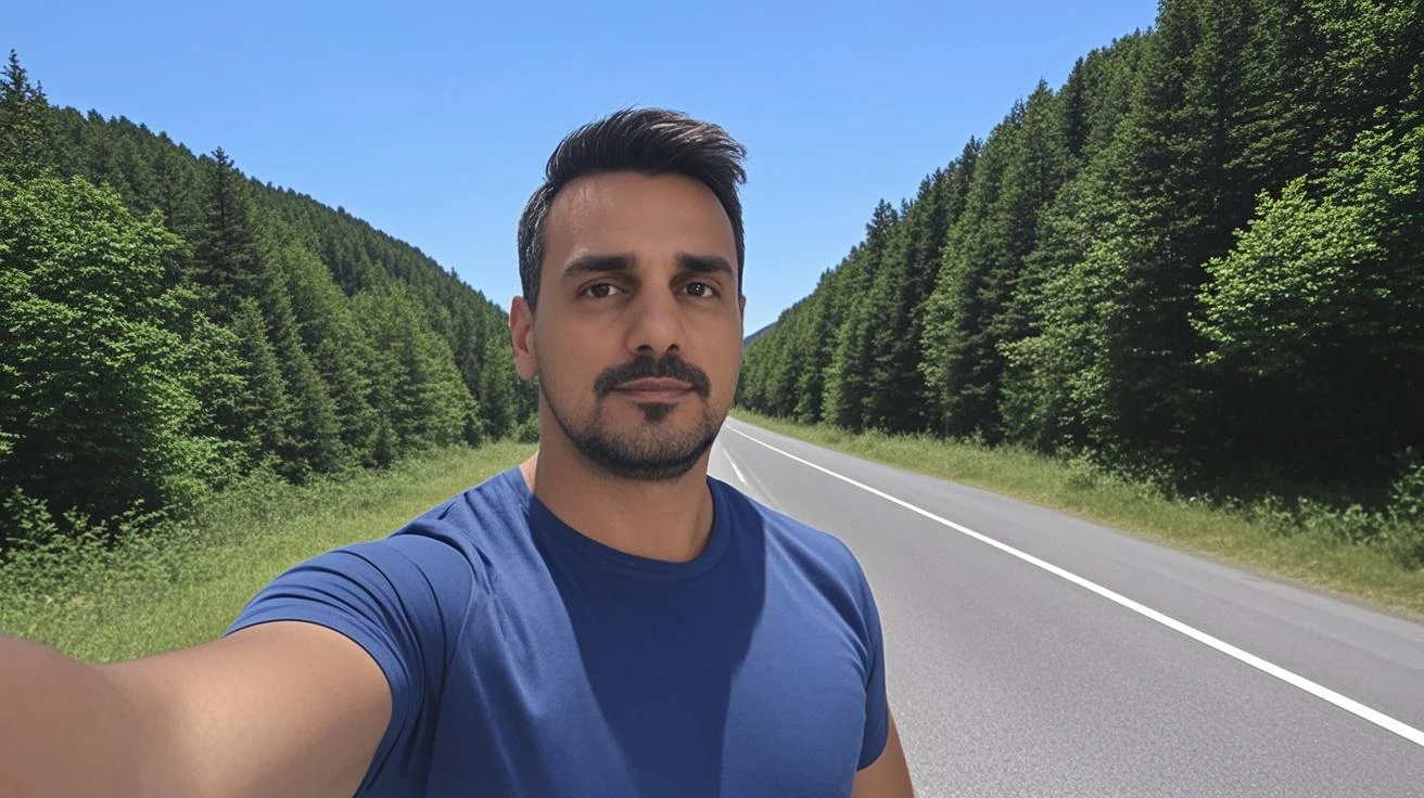 quiero un hombre guapo con barba haciendose un selfie en una ruta de senderismo

